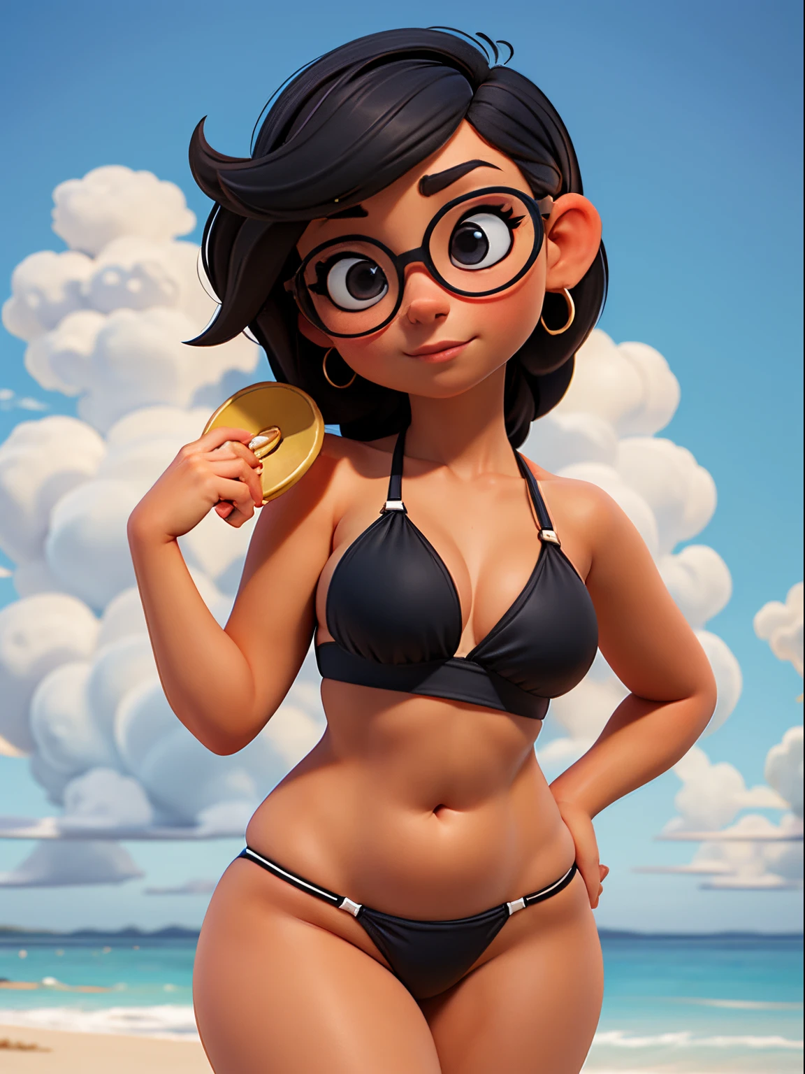 (best quality, masterpiece), gorgeous pixar woman (((Sarah Hyland))), thick eyebrows, eyeglass, very short black hair, at morning beach, (small micro sling bikini:1.5), nasty, lewd, gorgeous, very pale skin, (voluptuous wide hips:1.6), seductive, chubby belly