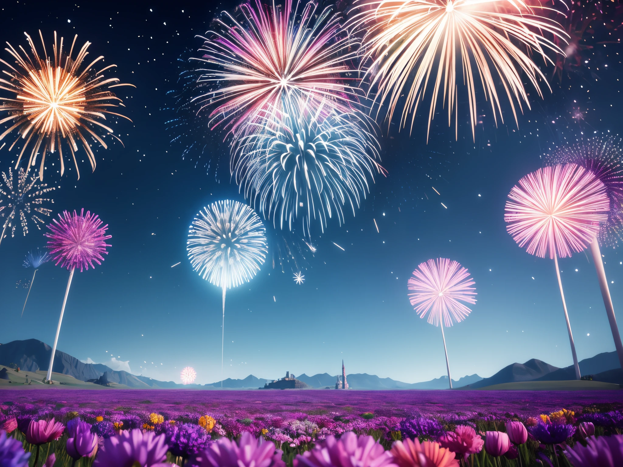 Craft a surreal landscape where fractal flowers bloom with each burst of 3D fireworks, symbolizing the passing of time in a vibrant, ever-changing canvas.