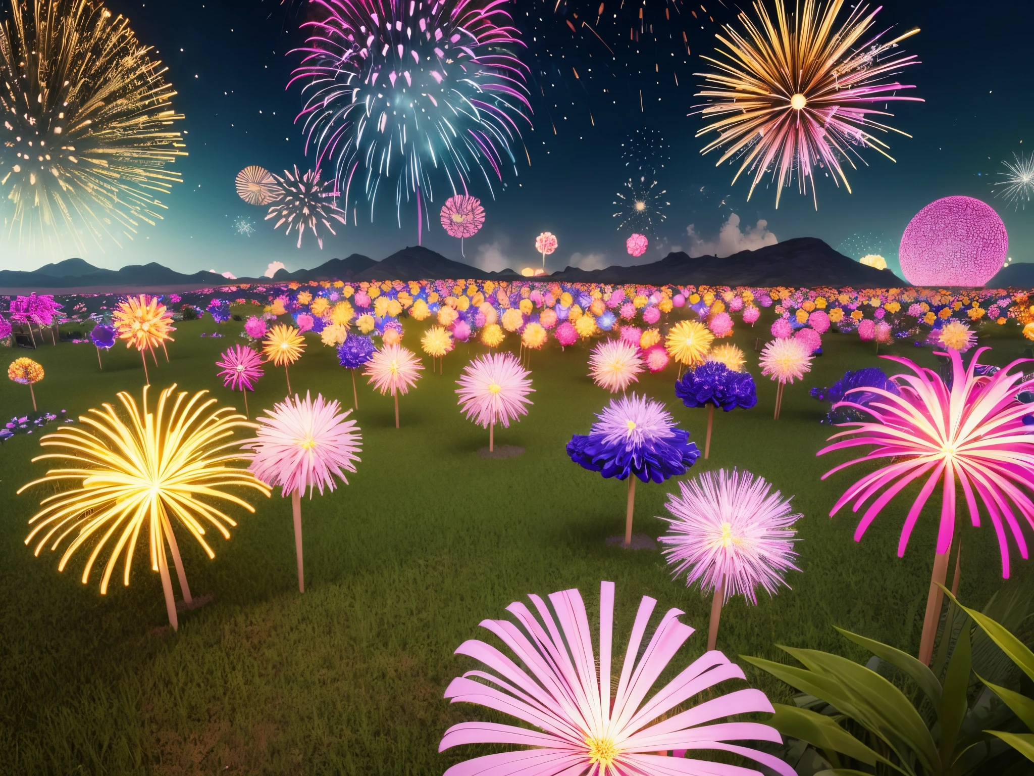 Craft a surreal landscape where fractal flowers bloom with each burst of 3D fireworks, symbolizing the passing of time in a vibrant, ever-changing canvas.