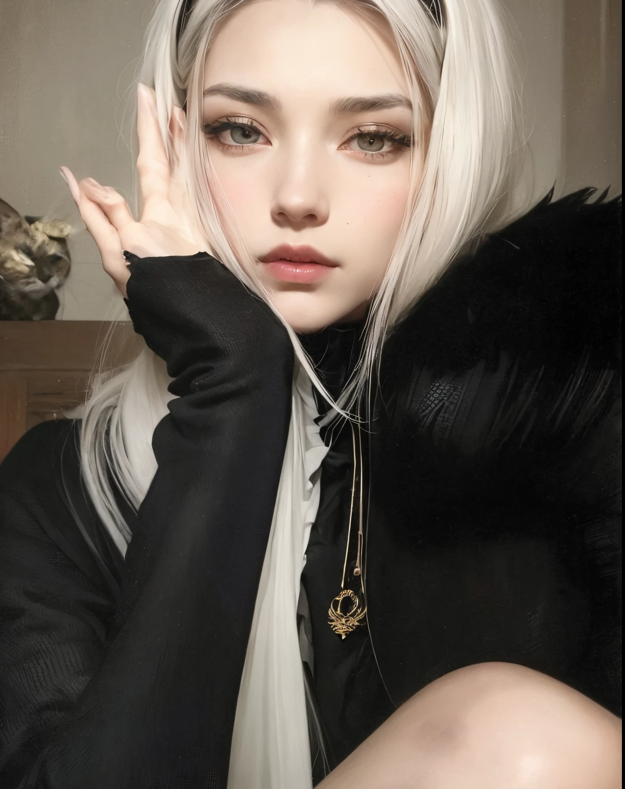 (absurd, high resolution, super detailed), 1 male, black eyes, brown hair, scholarly temperament, all black formal wear, Victorian clothing, black cape, (cold beauty: 1.2), cat-like temperament, adult, handsome, thin man, broad shoulders, fine eyes and detailed face, fool arot card, fool, clown, symbolism, visual arts, occult, universal, visual projection, philosophy, iconography, numerology, pop, art, alfonse mucha