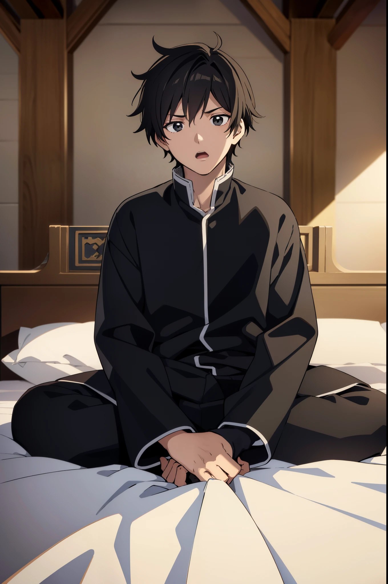 (high quality, ultra detailed), anime character, 16 year old man, medieval noble sleepwear, messy black hair, black eyes, surprised expression, sitting on a medieval noble bed