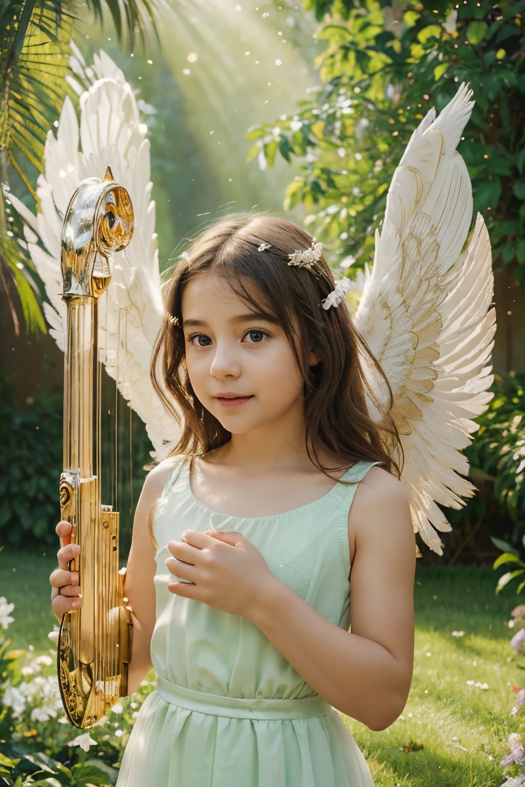 (an adorable little angel,comically animated:1.1),playing a harp,with great tenderness,detailed wings,halo,golden glowing aura, beautiful feathers,lush green garden,sparkling stars,pure-hearted expression,angelic choir in the background,bright heavenly light,soft pastel colors,airy atmosphere,impressionistic brushstrokes
