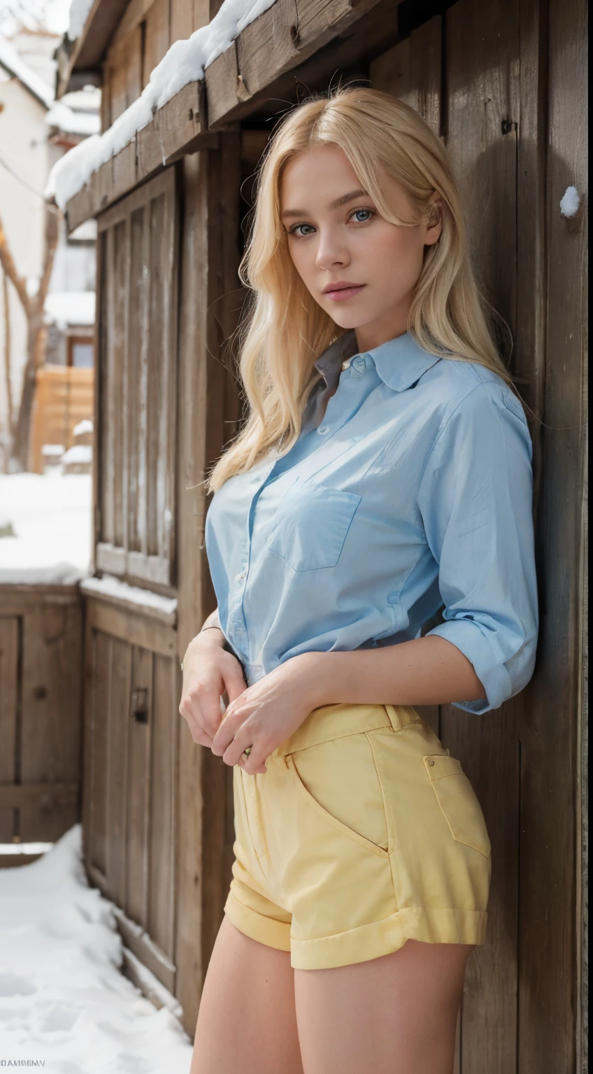 blonde de 25 ans, very classy, en tenue pour aller au bureau, yeux verts bleus, flirte avec la camera, blonde hair, white hair, flirty, makeup, yellow shirt, shorts, outside, winter, snow, 135mm, Canon, f/16, UHD, anatomically correct, masterpiece, textured skin, super detail, high details, high quality, highres, 8k