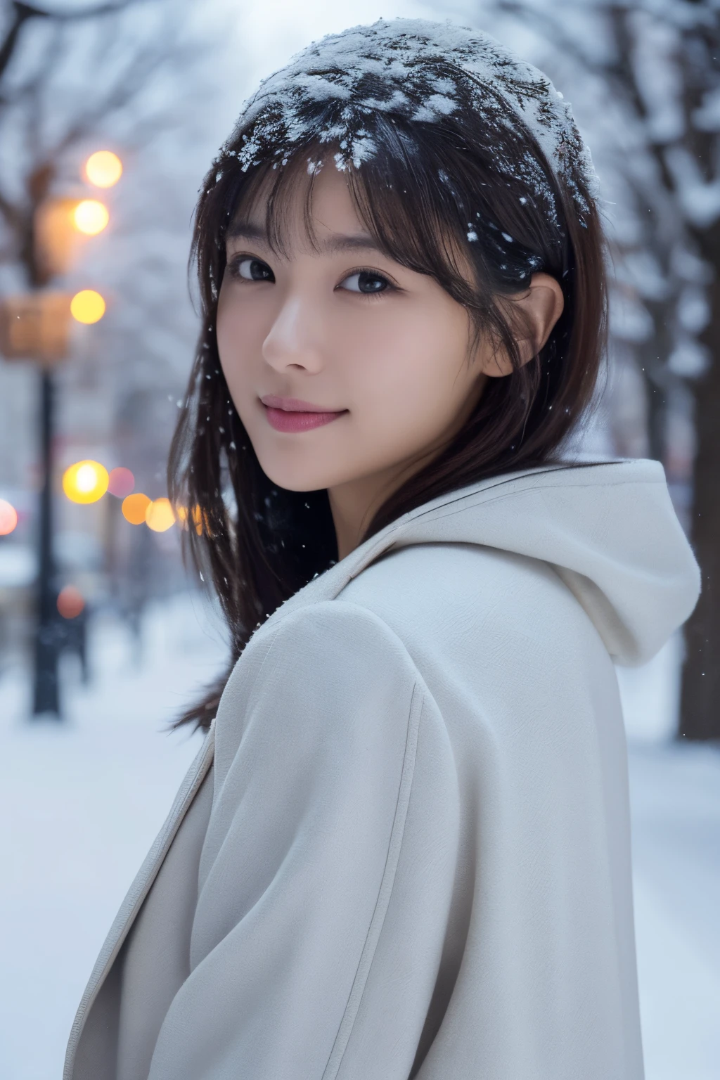 1girl in, (wear a platinum coat:1.2), (Raw photo, Best Quality), (Realistic, Photorealsitic:1.4), masutepiece, Extremely delicate and beautiful, Extremely detailed, 2k wallpaper, amazing, finely detail, the Extremely Detailed CG Unity 8K Wallpapers, Ultra-detailed, hight resolution, Soft light, Beautiful detailed girl, extremely detailed eye and face, beautiful detailed nose, Beautiful detailed eyes, Cinematic lighting, Illuminations coloring the city on a snowy night, (Illumination of street trees covered with snow like frost-covered trees:1.4), Snowy landscape, It's snowing, There&#39;There&#39;There&#39;There&#39;There&#39;There&#39;There&#39;There&#39;There&#39;There&#39;s snow in my hair, Perfect Anatomy, Slender body, Taut, 
Straight semi-long hair, Bangs, Looking at Viewer, A slight smil