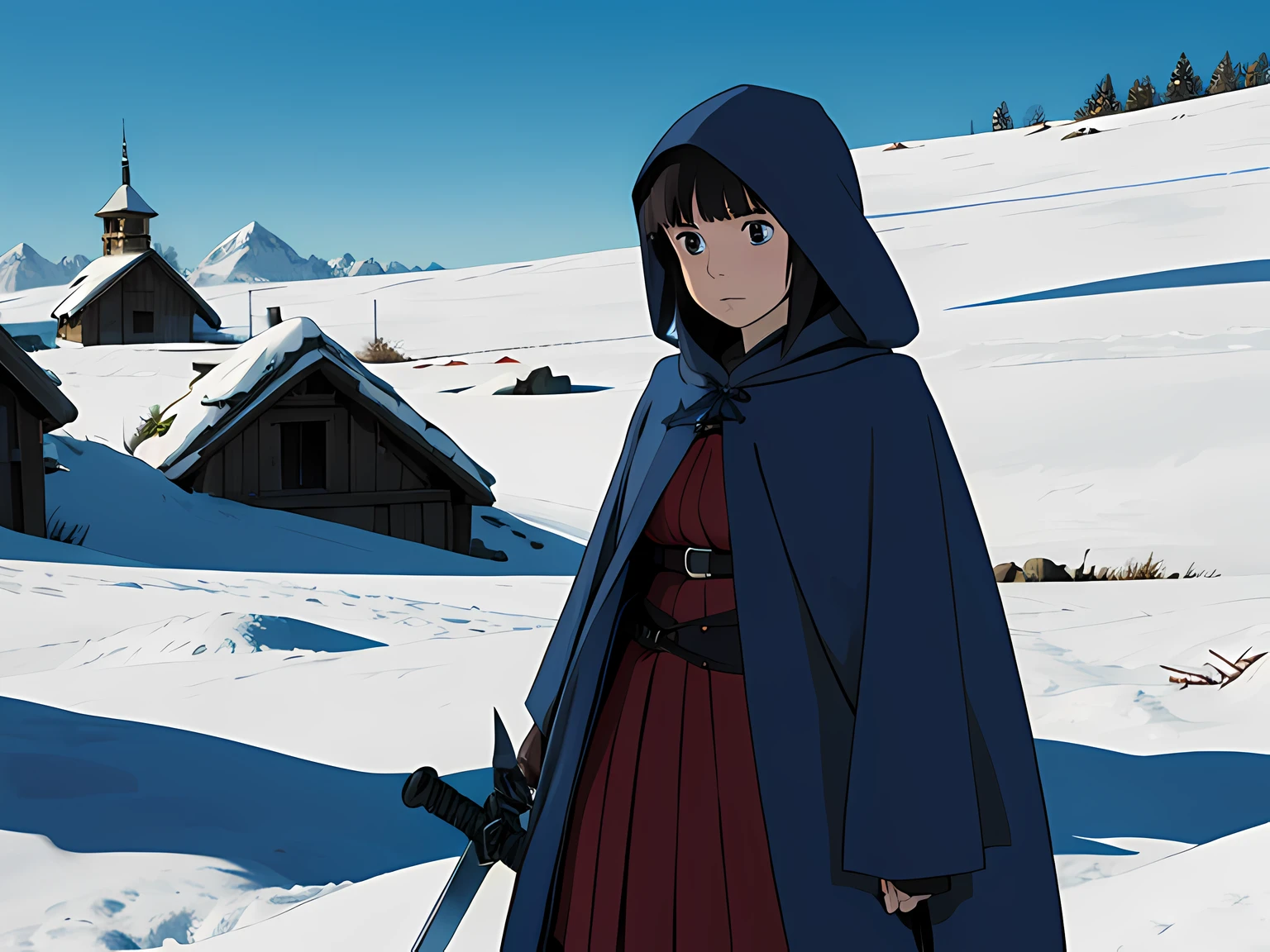 alone medieval anime girl traveling in winter with the sword she wears a hood and looking into binoculars