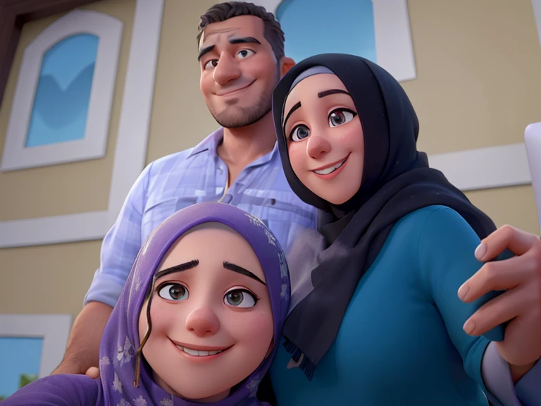 A turkish husband wearing white shirt smiles and taking selfies with a turkish fat wife wearing blue shirt and black hijab and a turkish beautiful daughter wearing purple shirt is smiling,