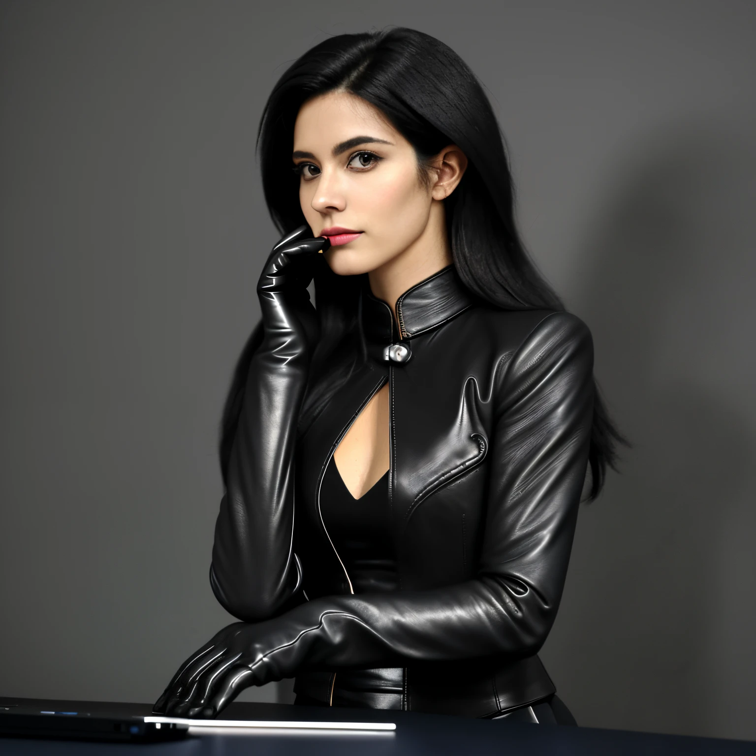 Wearing black leather gloves on both hands, parte superior do corpo, black business suit, de frente para a mesa no meu quarto com um computador no escuro, Opere o teclado do computador com as pontas dos dedos de luvas de couro pretas enquanto olha para a tela, Longas, cabelo preto enrolado nas costas, New Japanese employee (Black leather gloves cover both hands) (angle is in front)