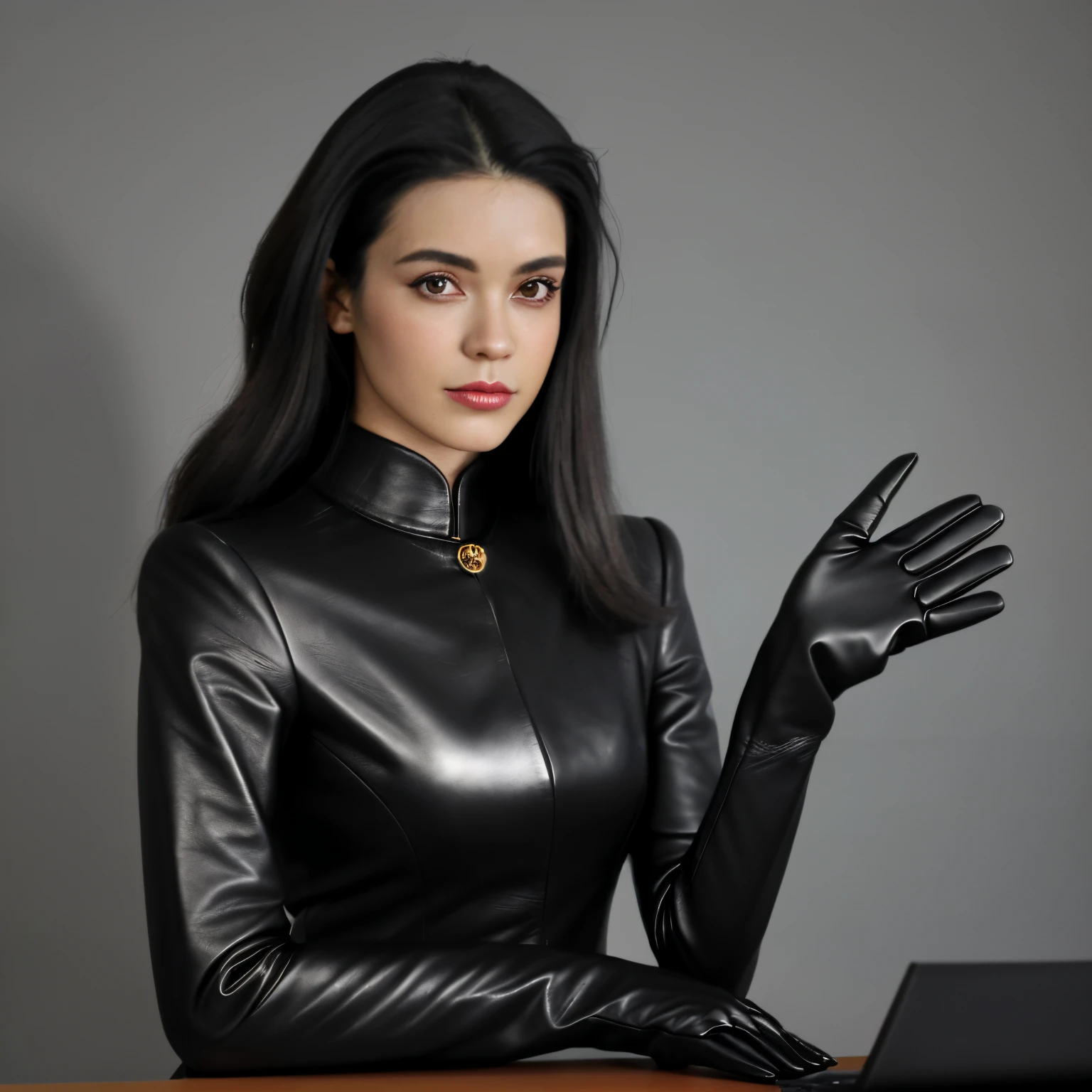 Wearing black leather gloves on both hands, parte superior do corpo, black business suit, de frente para a mesa no meu quarto com um computador no escuro, Opere o teclado do computador com as pontas dos dedos de luvas de couro pretas enquanto olha para a tela, Longas, cabelo preto enrolado nas costas, New Japanese employee (Black leather gloves cover both hands) (angle is in front)
