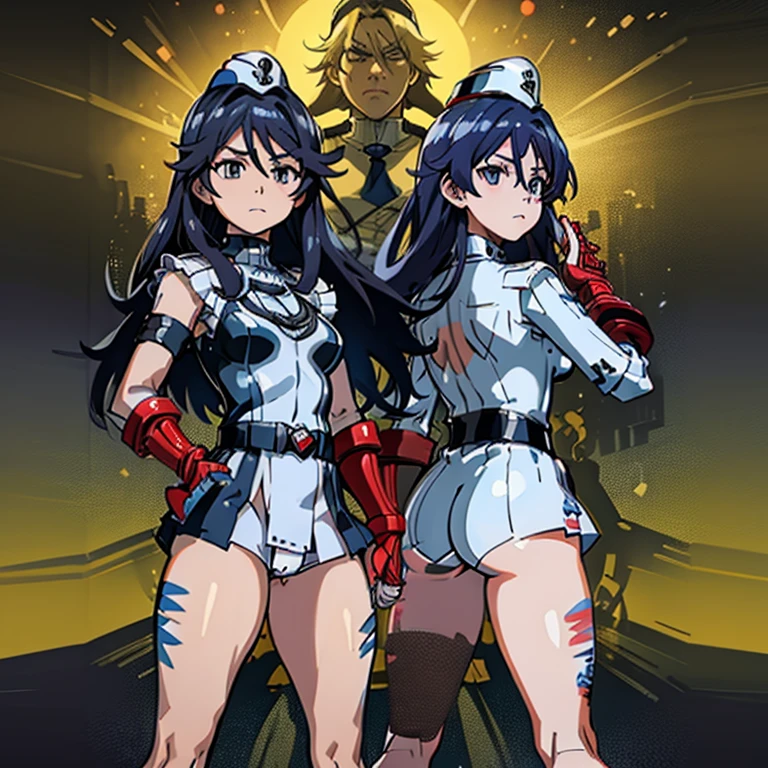 Masterpiece, Best Quality, Highly detailed, illustration, absurdres, street fighter, doll suit, shadaloo doll, girls, multiple girls, expressionless, nazi saluting, military, military saluting, salute, blank eyes, red gloves, emotionless, black latex, corrution, mind control, female combatant, full body, hypnotized, unhappy trance, full body suit, perfect female body, extremely glossy latex, Delmo Uniform, belt, hypnosis, hypnoLora, empty eyes, Mind control device, thigh high, poses, submissive_pose, visor, standing, Slave, collar, gang bang, haigure, slave oufit, full tight leg, military form, skirt, military uniform, hat, Bleach, Quincy, thigh-highs, tight miniskirt, tie, from behind, heart-shape ass, vividred operation