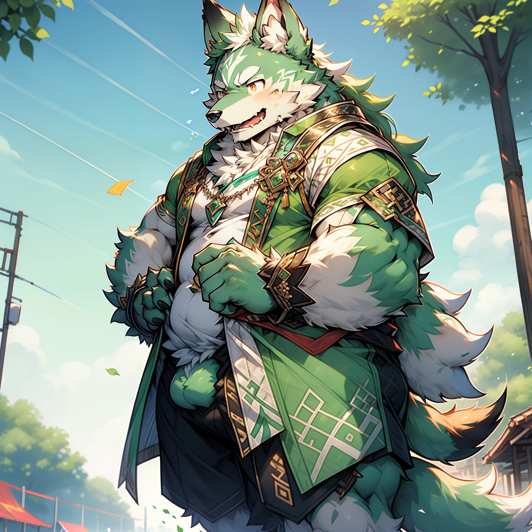 Male wolf ，bright green and white fur, frontage，The face turns red，Small stature, Chubby，Tsundere，Small penis, festival road background, 8K