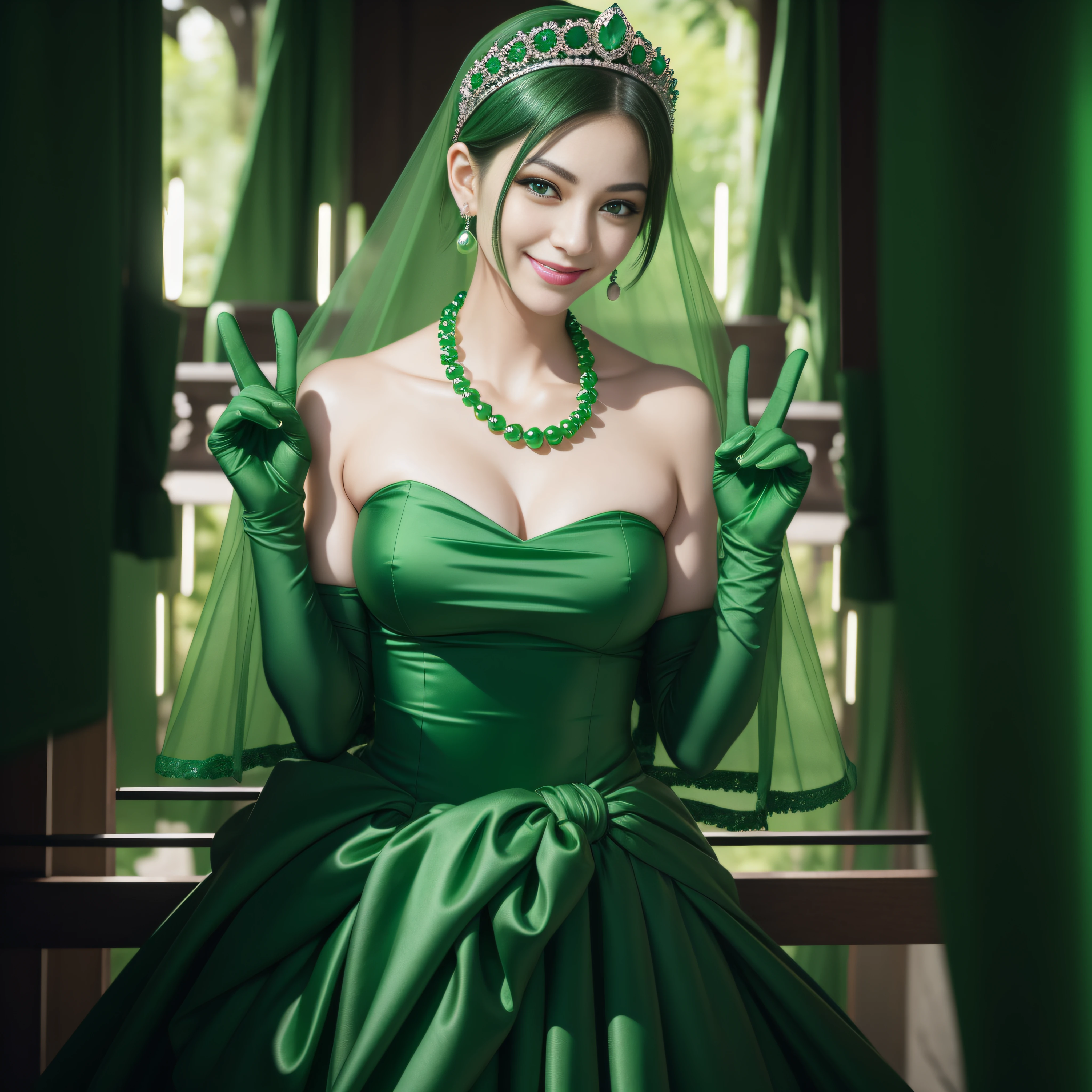 emerald tiara, Green Pearl Necklace, Boyish very short green hair, lipsticks, Japan woman smiling, very short short hair, big breasts beautiful, Green eyes, Long green gloves made of satin material, Green eyes, Emerald Earrings, green vale, v sign