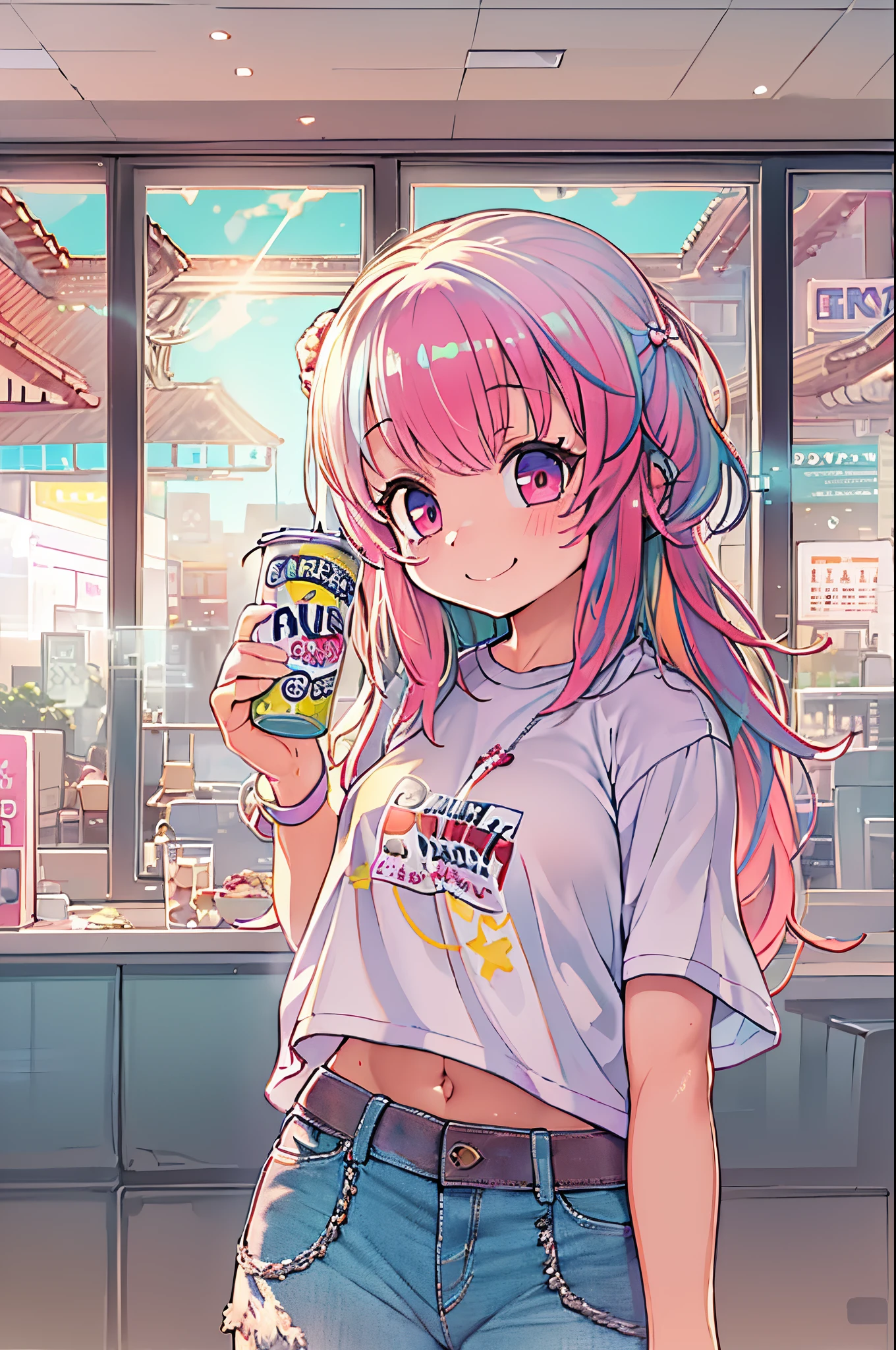 Anipoma 1,(masutepiece, Best Illustration, Best Manga), Solo, 1girl in, violet eyes, (Shiny skin, Soft hair), (drink milkshake), hitornfreckles, (bright pink two-tone hair:1.3), (Wearing a Red Zeplin T-shirt, Light and shadow of denim jauntreme, Volumetric lighting, Rim lighting), (Daylight:.5), (Rainbow Light, Light leak), (Seductive, Smirk), (Solo), manga dusk 1, Manhwa No. 1