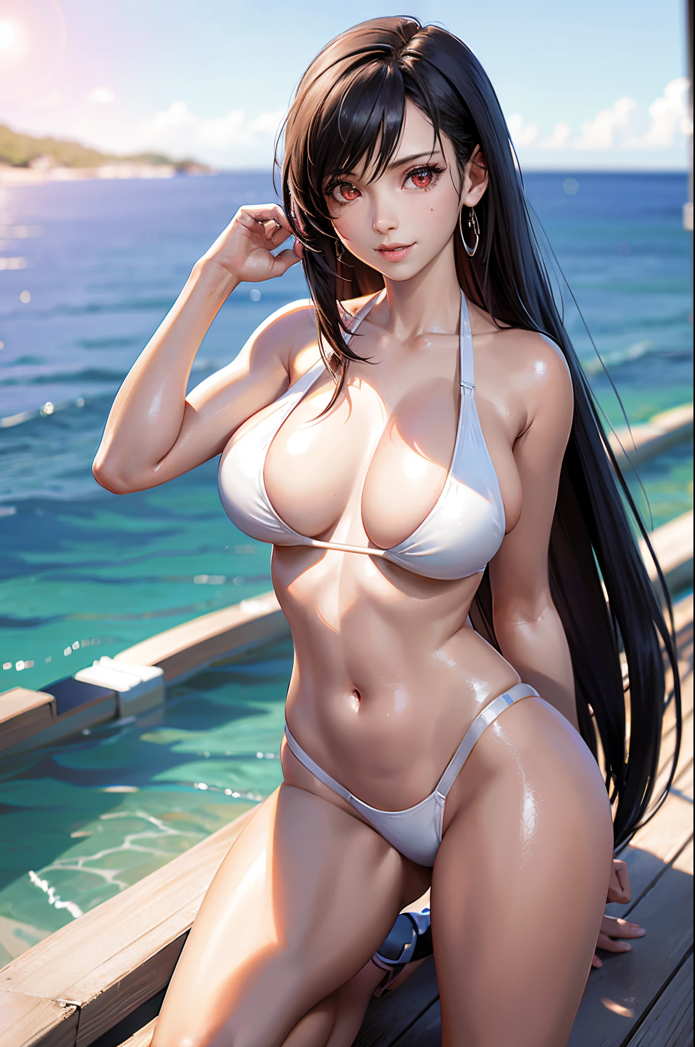 (8k, best quality, masterpiece:1.2), (realistic, photo-realistic:1.37), ultra-detailed, 1 girl,cute, solo, (tifa lockhart), (enormous breasts:1.5),(beautiful detailed eyes), (smile:1.2), (closed mouth), erotic pose, dancing, depth of field, sharp focus, depth of field, good composition, Final Fantasy VII, (white latex bikini:1.5), full body, head rest, lips, pretty face, very long hair, ((red_eyes:1.2)), bokeh, cinematic lighting, photon mapping, radiosity, physically-based rendering, (Tetsuya Nomura style), nsfw, perfect breasts, on a wooden boardwalk over crystal clear caribbean sea