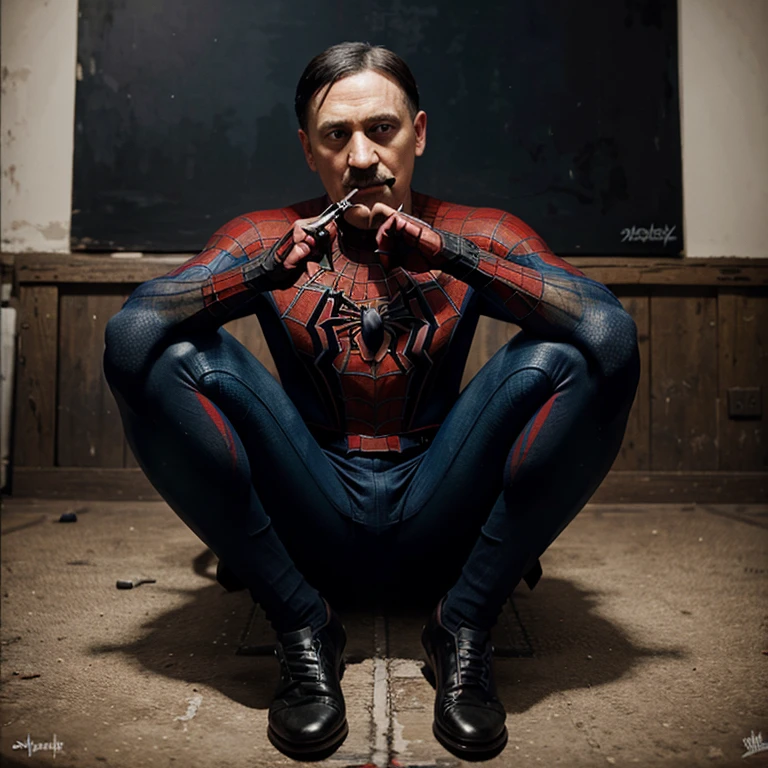 Adolf Hitler painting Spider-Man on a canvas
