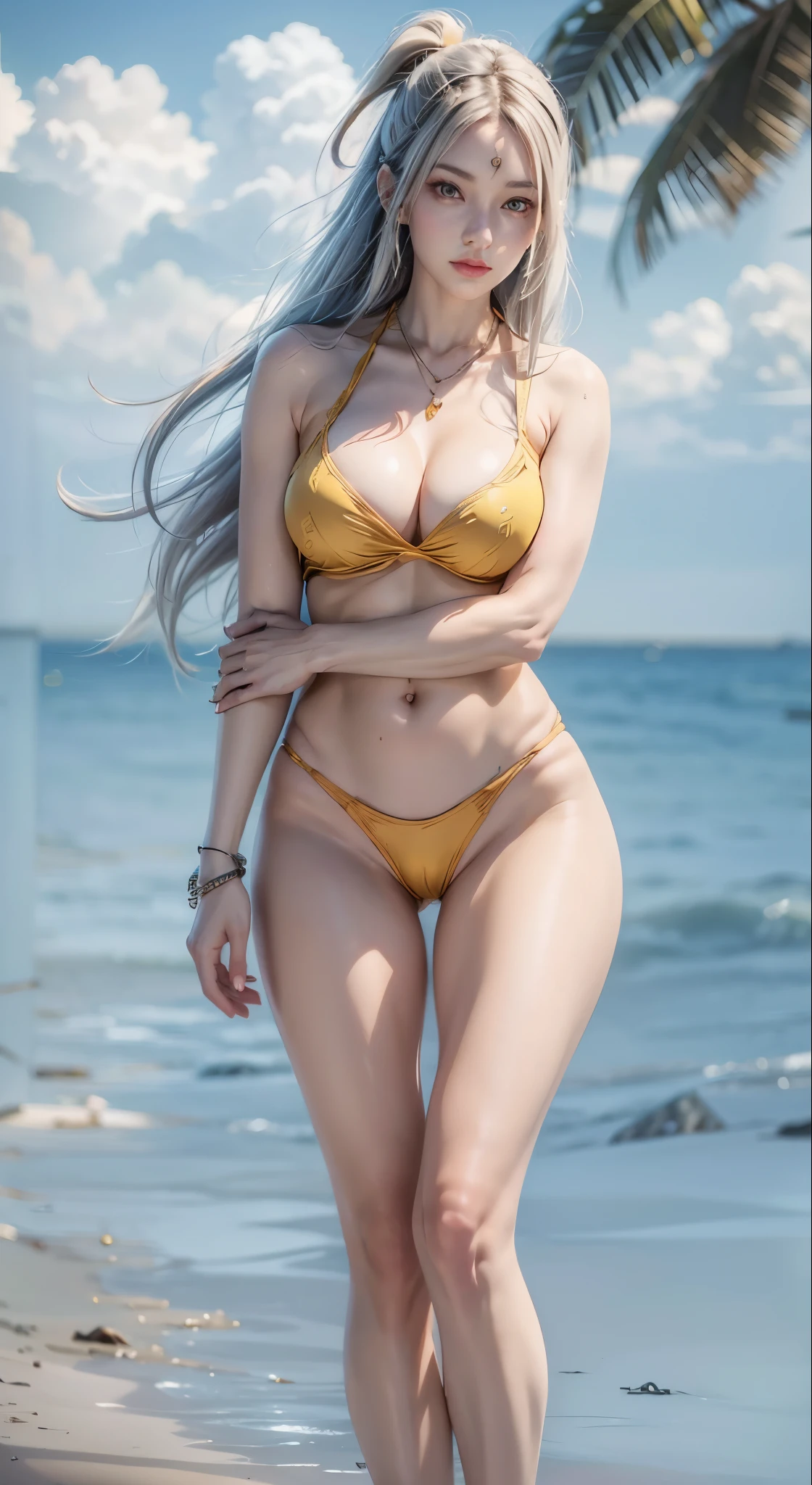 realistic, 1 women, best quality, 12k, HD, long hair, big round breasts, cleavage, ponytail, necklace, jewelry, shorts, short jacket, slim hips, hair tie, yellow eyes, black hair, super detailed, Eye details, hair details, person details, mouth details, face details, breast details, clothes details, hair details, pants details, hand details, whole body