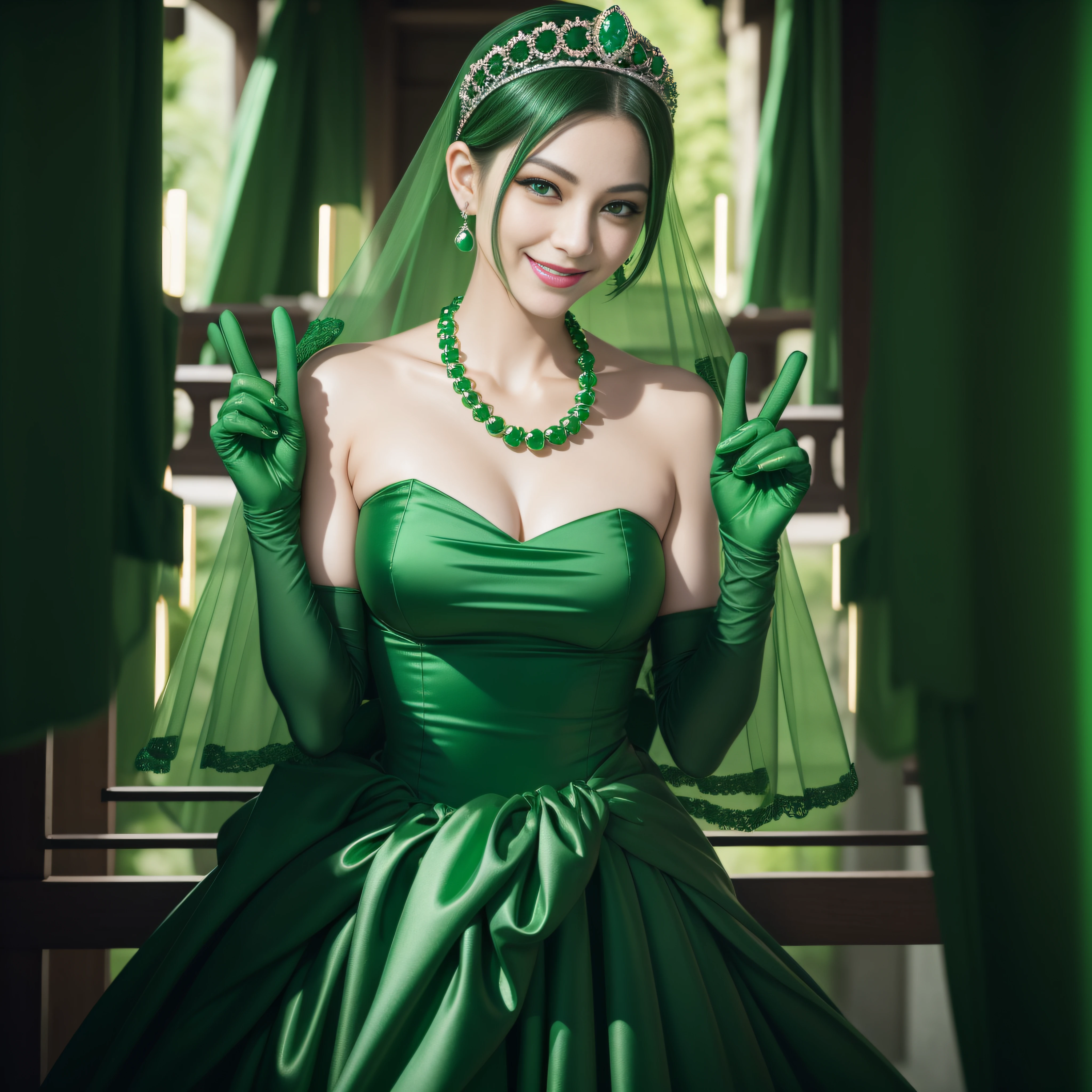 emerald tiara, Green Pearl Necklace, Boyish very short green hair, lipsticks, Japan woman smiling, very short short hair, big breasts beautiful, Green eyes, Long green gloves made of satin material, Green eyes, Emerald Earrings, green vale, v sign