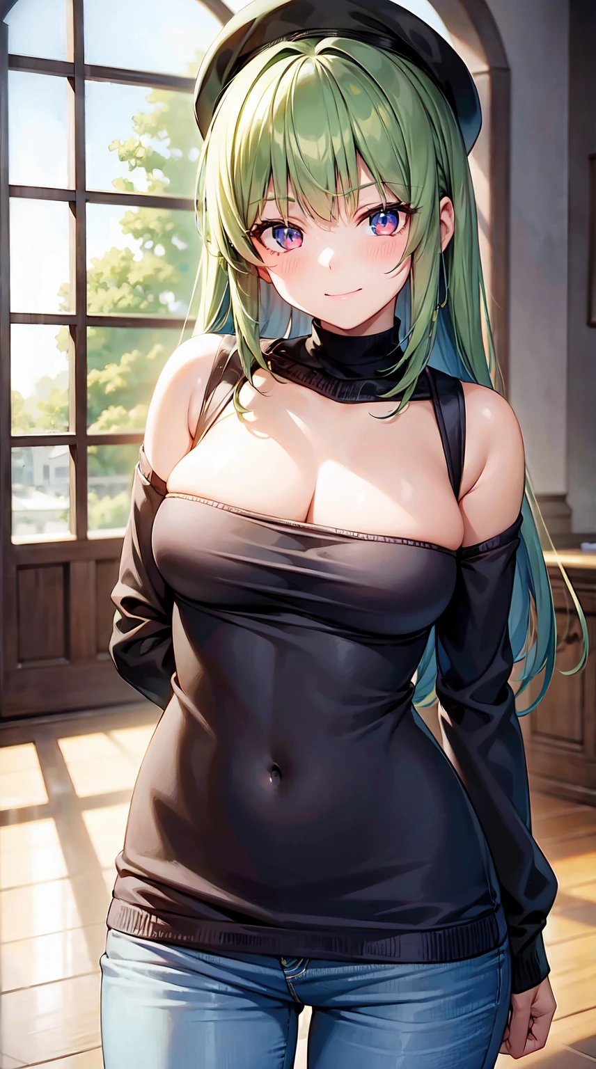 Meisterwerk, Atemberaubend realistisch, fotorealistisch, best quality, Sharpness,1 girl ,arms behind back,stehend in einem modernen Wohnzimmer,cute smile, green hair,Red eyes,Lange Haare,glatte haare,mittelscheitel,knitted sweater,skinny jeans,middle large breasts