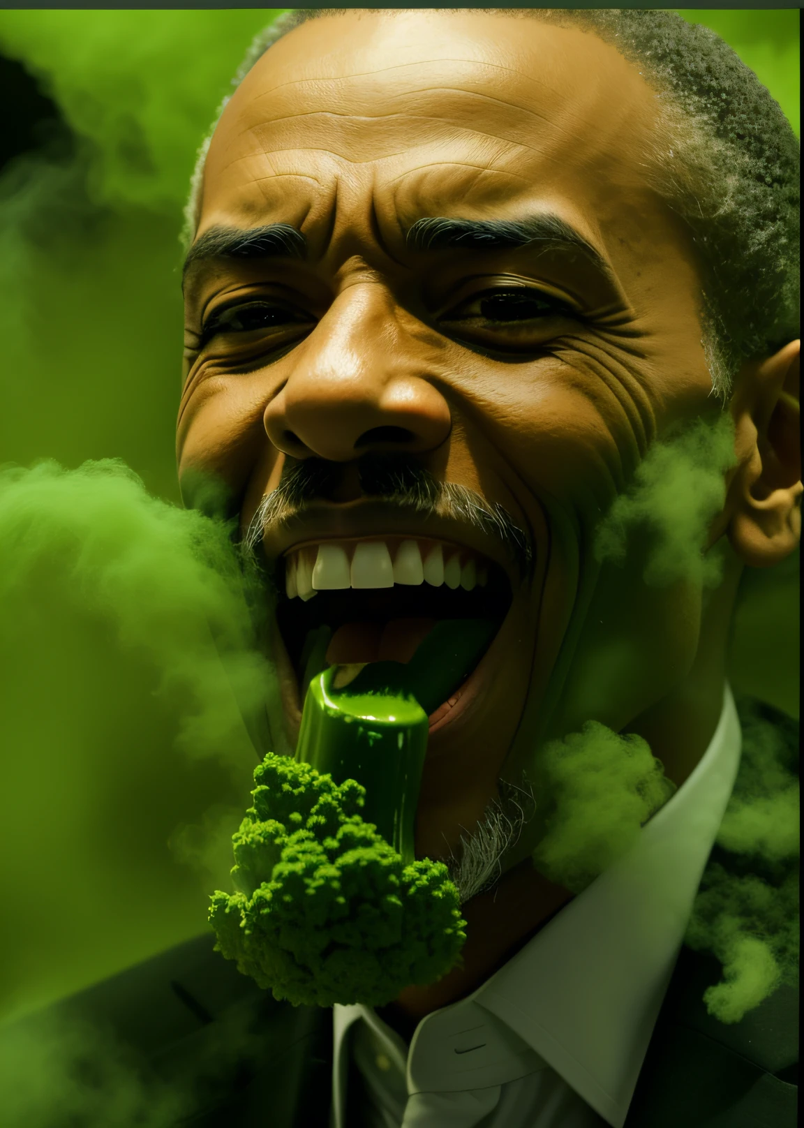 Dr. Sebi eating  powder with a green smoke coming out of his mouth, Dr. Sebi, Dr. Sebi as the joker, Dr. Sebi in attack on titan, film still of Dr. Sebi, Dr. sebi), oprah okra winfrey sentient veg, lettuce, flames are burning behind Dr. Sebi, photobashing, greens), green skin!, fake, [ realistic photo ]!! background full of powder flying