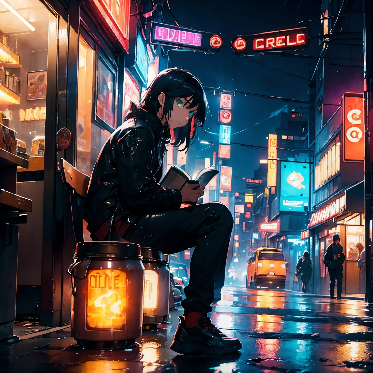 Cyberpunk-city,Neon signs,American coffee shop on the street,cabelos preto e longos,Nineteen-year-old boy with green eyes,Sitting in a corner coffee shop reading a book,There were many robots walking in front of him
