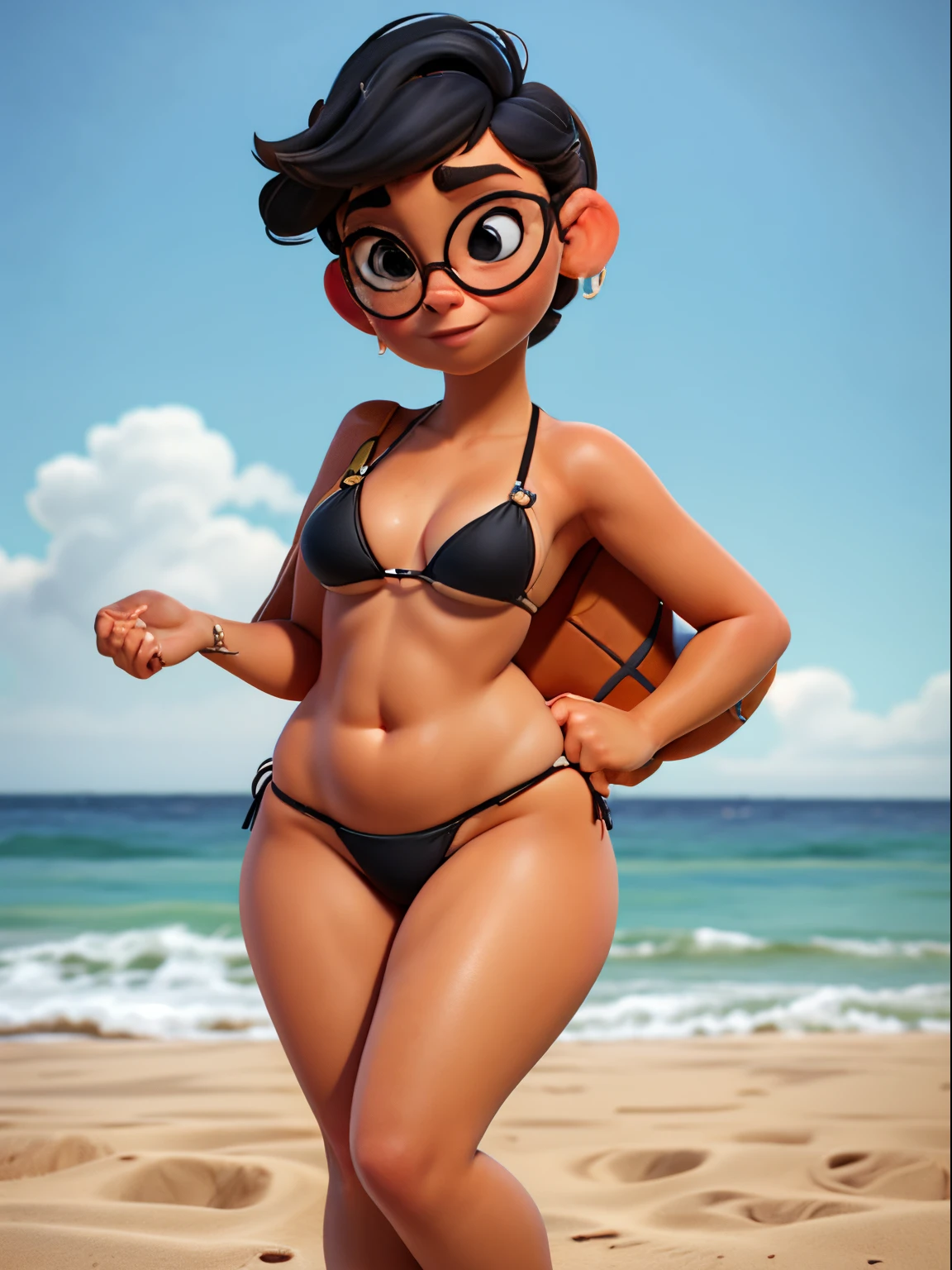 (best quality, masterpiece), gorgeous pixar woman (((Sarah Hyland))), thick eyebrows, glasses, very short black hair, at morning beach, (small micro sling bikini:1.5), nasty, lewd, gorgeous, very pale skin, (voluptuous wide hips:1.6), seductive, chubby belly