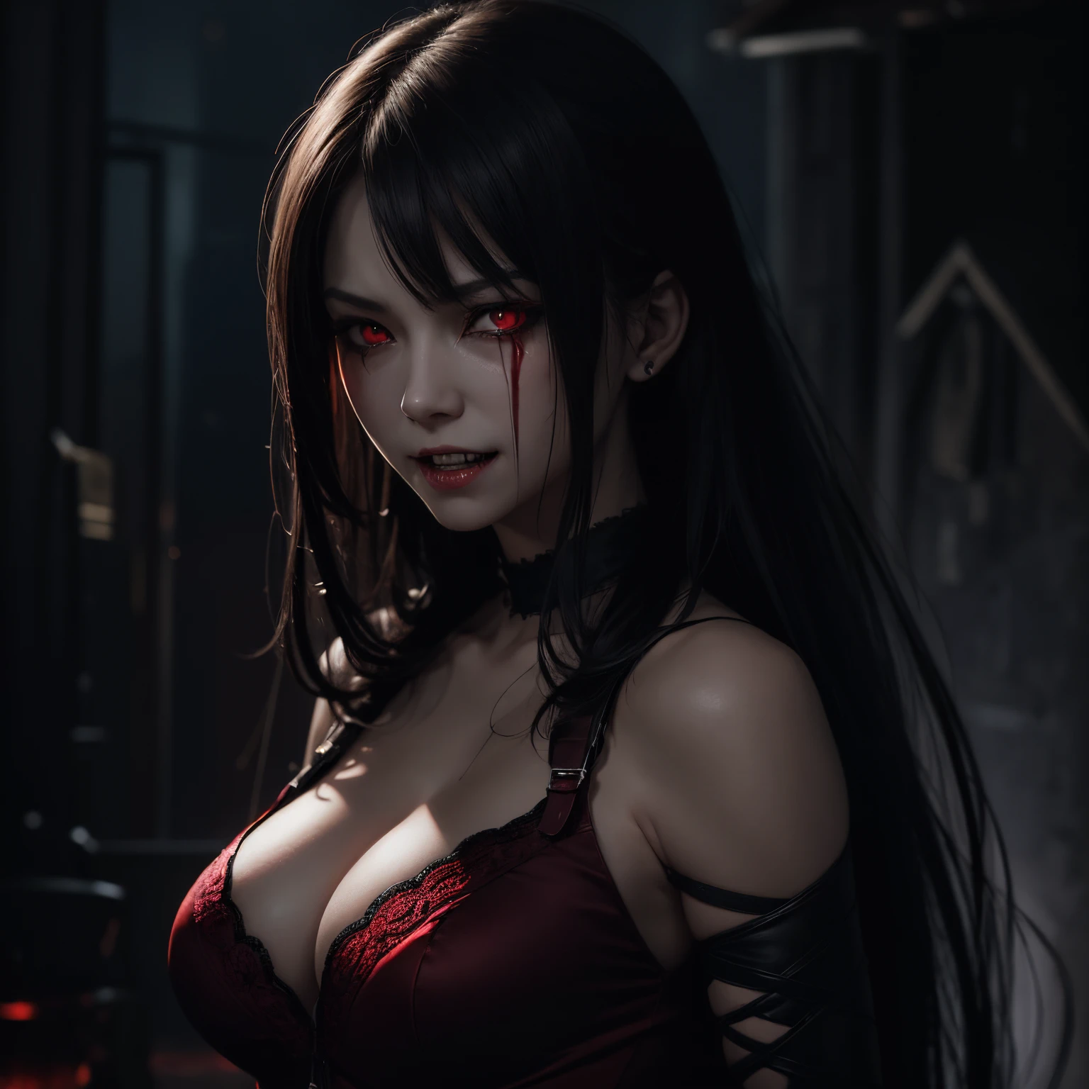 Vampire, Girl, Sexy, Neutral Breasts, Japanese, Smile, Scary, Night, Long Hair, Red Eyes, Resident Evil, Beautiful, Cute, Crying, Angry, Realistic, 8K Raw, High Resolution, Sharp Teeth