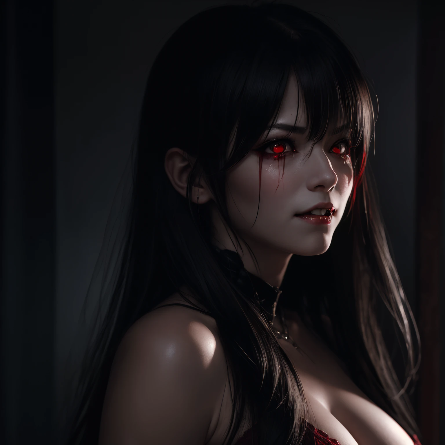 Vampire, Girl, Sexy, Neutral Breasts, Japanese, Smile, Scary, Night, Long Hair, Red Eyes, Resident Evil, Beautiful, Cute, Crying, Angry, Realistic, 8K Raw, High Resolution, Sharp Teeth
