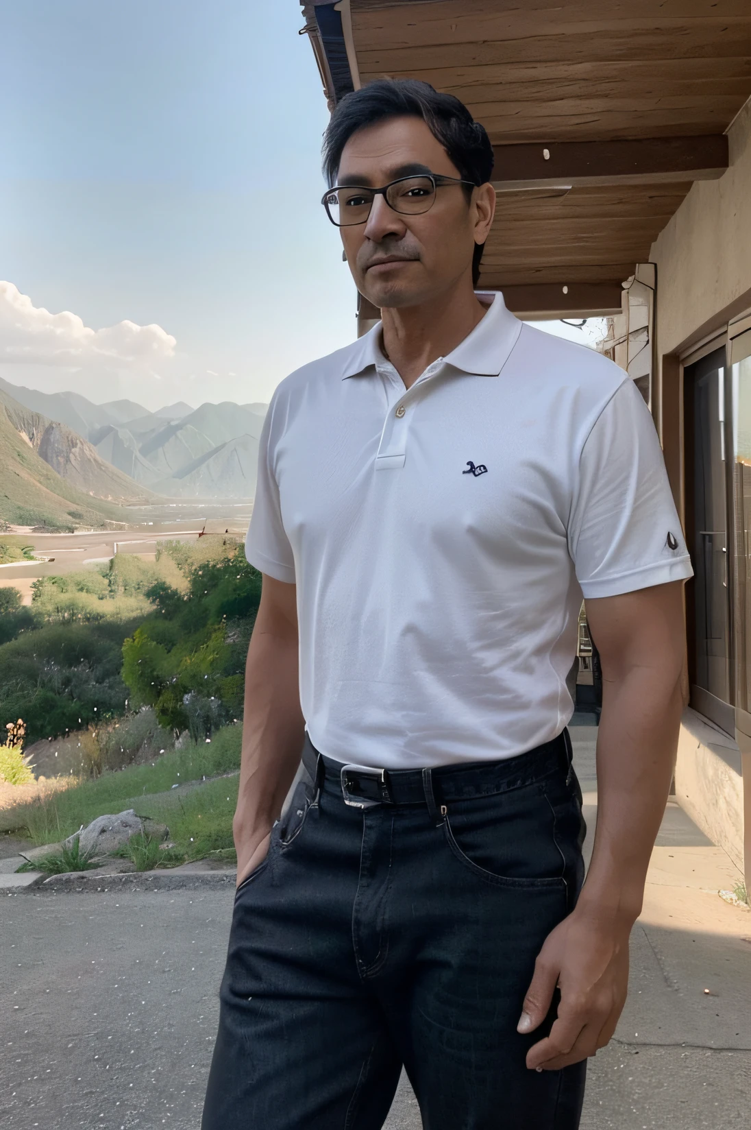 Create a 50-year-old man, oriental features, wearing glasses, short dark hair, wearing a black polo t-shirt and jeans with white sneakers. He has a camera hanging around his neck. In the background there is a beautiful landscape of a valley with mountains in the late afternoon.