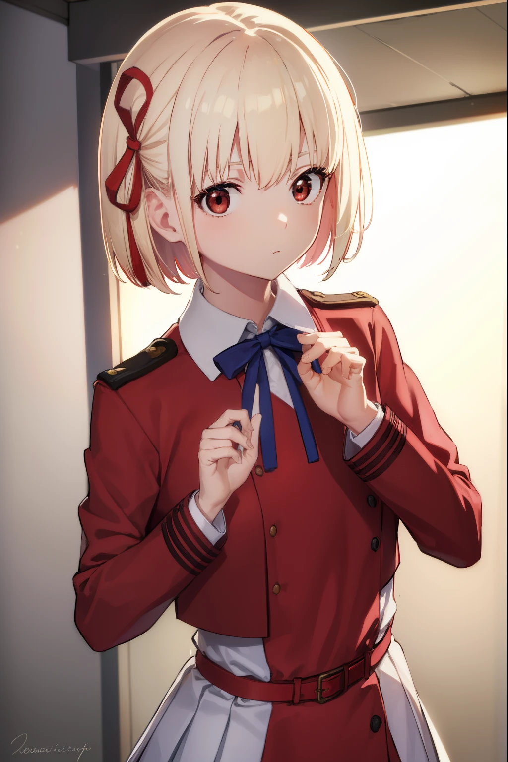 chisatonishikigi, nishikigi chisato, short hair, bangs, blonde hair, (red eyes:1.5), hair ribbon, one side up, bob cut,
BREAK shirt, long sleeves, dress, ribbon, white shirt, collared shirt, belt, neck ribbon, red dress, blue ribbon, pleated dress, grey dress, two-tone dress, red belt, lycoris uniform,,
BREAK outdoors, city,
BREAK looking at viewer, BREAK (masterpiece:1.2), best quality, high resolution, unity 8k wallpaper, (illustration:0.8), (beautiful detailed eyes:1.6), extremely detailed face, perfect lighting, extremely detailed CG, (perfect hands, perfect anatomy),
