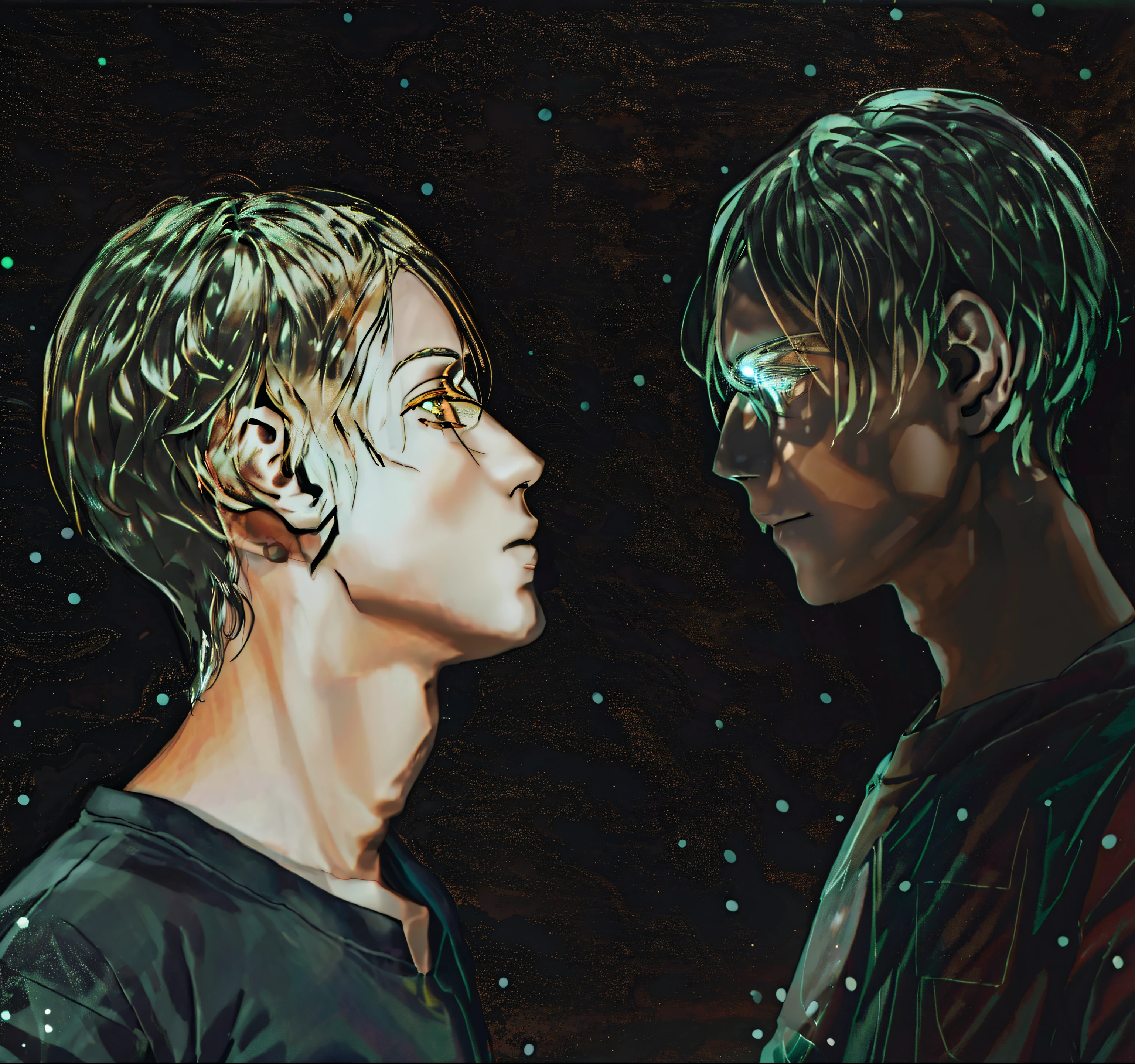 There&#39;um homem olhando para si mesmo, parado um ao lado do outro no escuro, olhando um para o outro sem pensar, Holographic, slightly holographic, estrelas escuras como olhos, DEEP AESTHETICS, rostos reflexivos, ele tem um brilho vindo dele, magical glowing eyes, Give me the cosmic vision