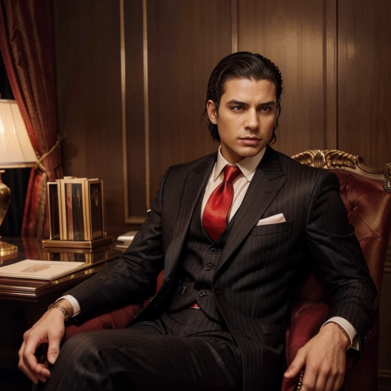 1 man, 3-piece pinstripe suit with fancy red tie, seated in his opulent executive office. Man is a vampire, has supernatural hazel & red eyes, hair color is black, short and straight hair, ethnicity is Puerto Rican, clean shaved.