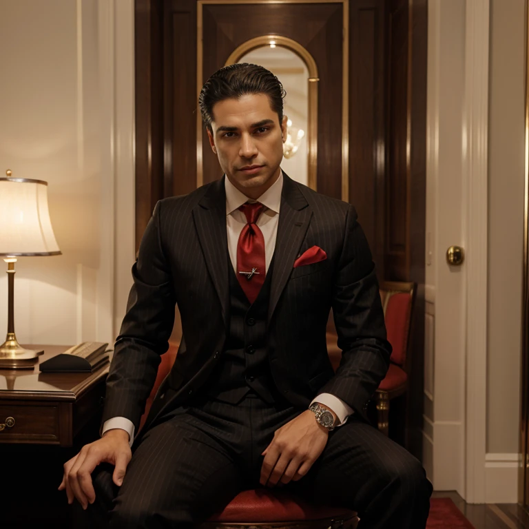 1 man, 3-piece pinstripe suit with fancy red tie, seated in his opulent executive office. Man is a vampire, has supernatural hazel & red eyes, hair color is black, very short and straight hair, ethnicity is Puerto Rican with a tan, clean shaved.