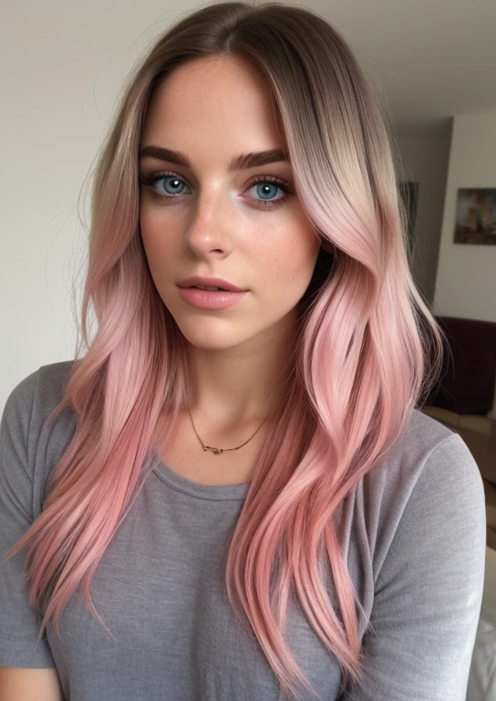 taken with iphone camera BREAK medium shot selfie of a pretty young woman BREAK (ombre:1.3) blonde pink BREAK film grain, medium quality