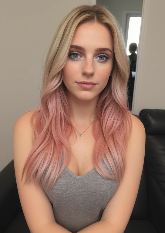 taken with iphone camera BREAK medium shot selfie of a pretty young woman BREAK (ombre:1.3) blonde pink BREAK film grain, medium quality