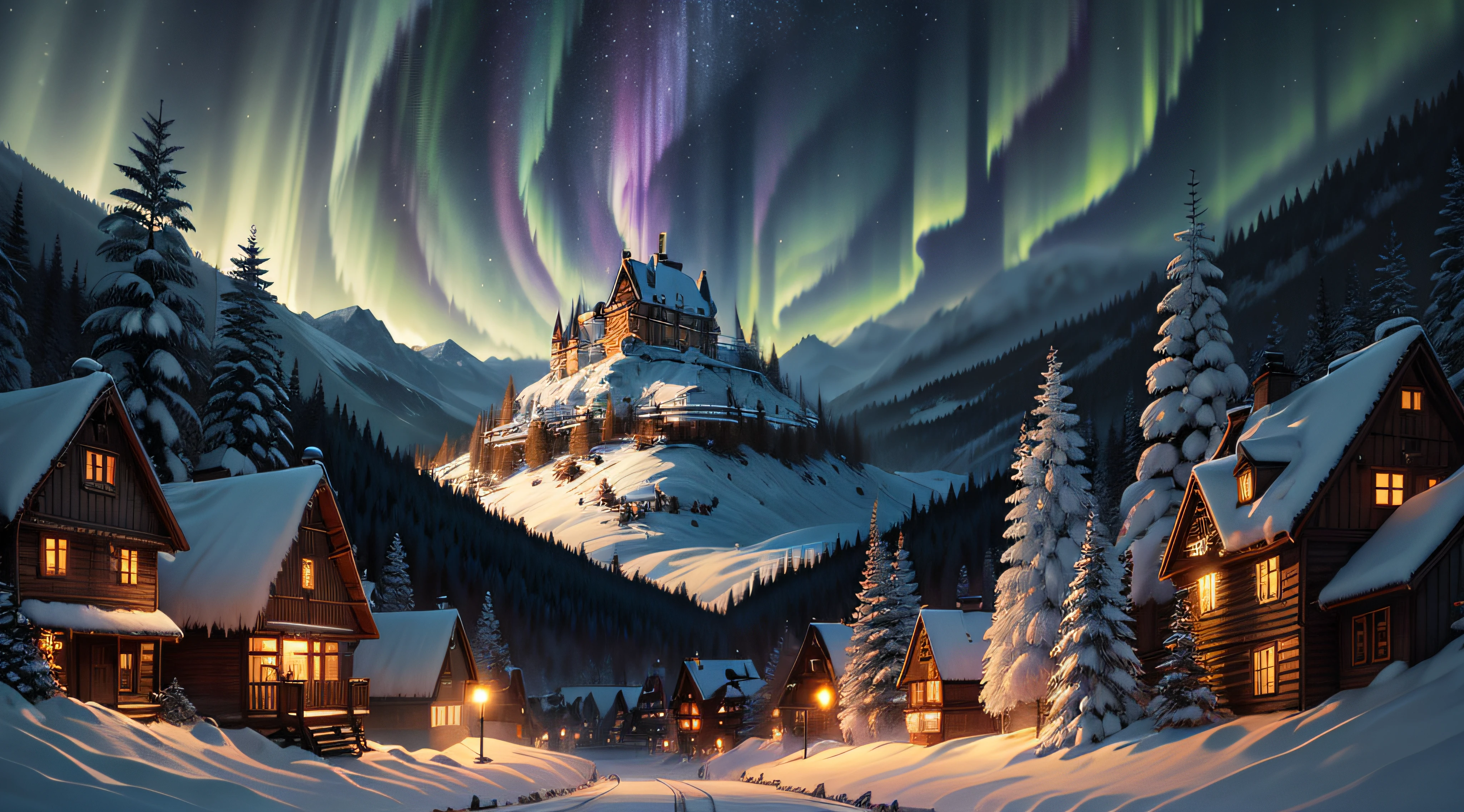 (Hdr, 16k, Best quality, High resolution, Masterpiece, Ultra-detailed, Realstic) aurores boreales mystiques: Villages in the aurores boreales. Un paysage de merveilles hivernales, Snowy landscape, couleurs hivernales vibrantes, Glace cristalline, Sparkling snowflakes, arbres enneiges, Silence paisible, Souffle ice cream, Sparkling stars, nuits d'hiver paisibles