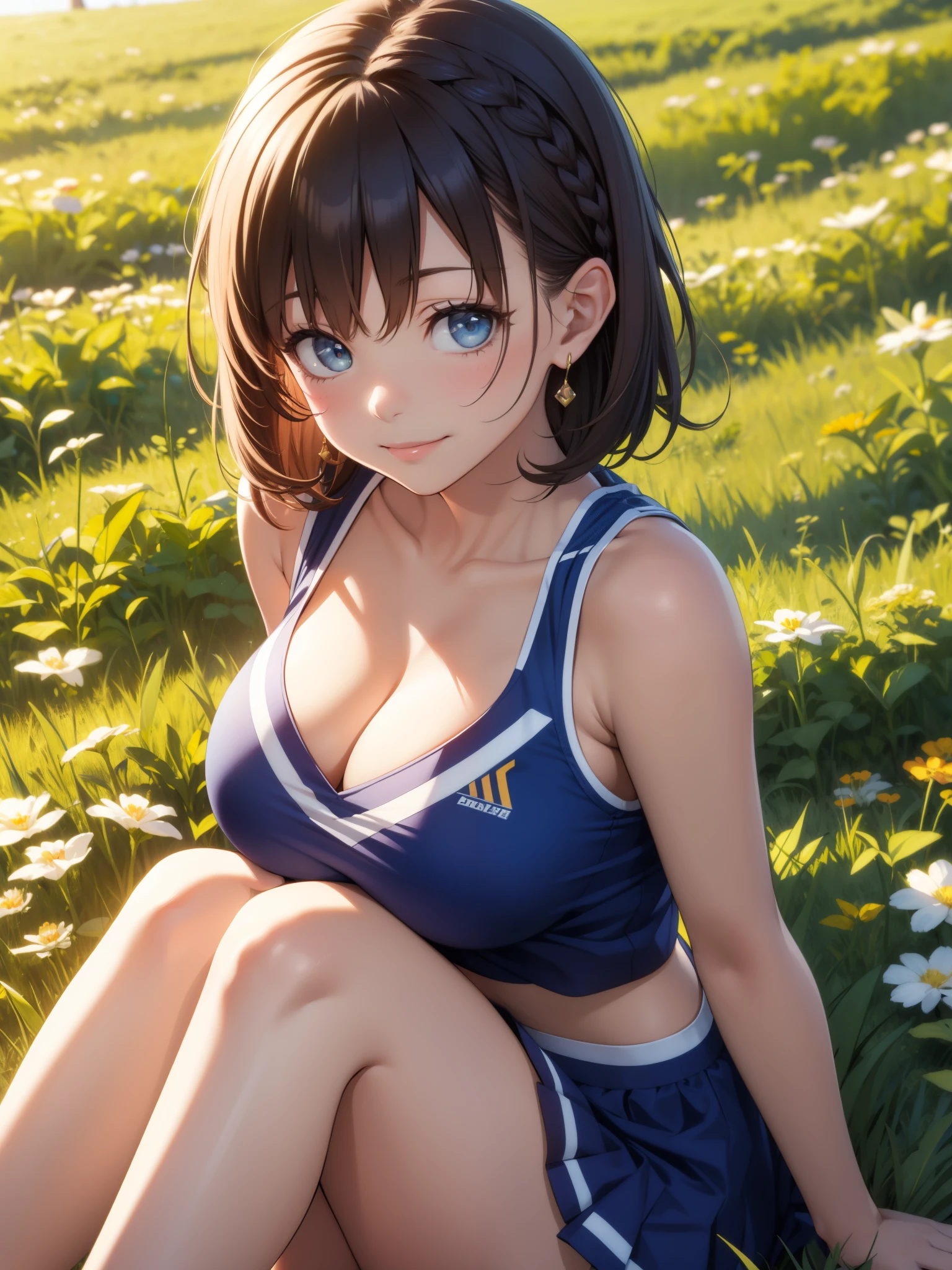 masterpiece, best quality, highres, 1girl, solo, bangs, light makeup, glossy lips, highly detailed, illustration, aichan, short brown hair, side braid, blue eyes, (large breasts), looking at viewer, sitting, grass, cheerleader, midriff, light smile, cleavage, (hugging own legs)