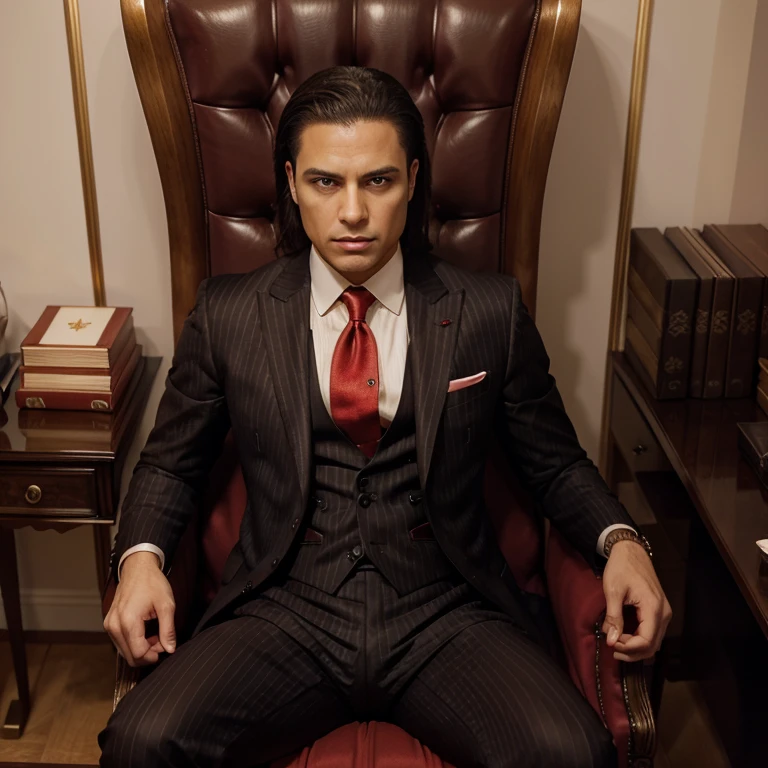 1 man, 3-piece pinstripe suit with fancy red tie, seated in his opulent executive office. Man is a vampire, has supernatural hazel & red eyes, hair color is black, very short and straight hair, ethnicity is Puerto Rican with a tan, clean shaved.
