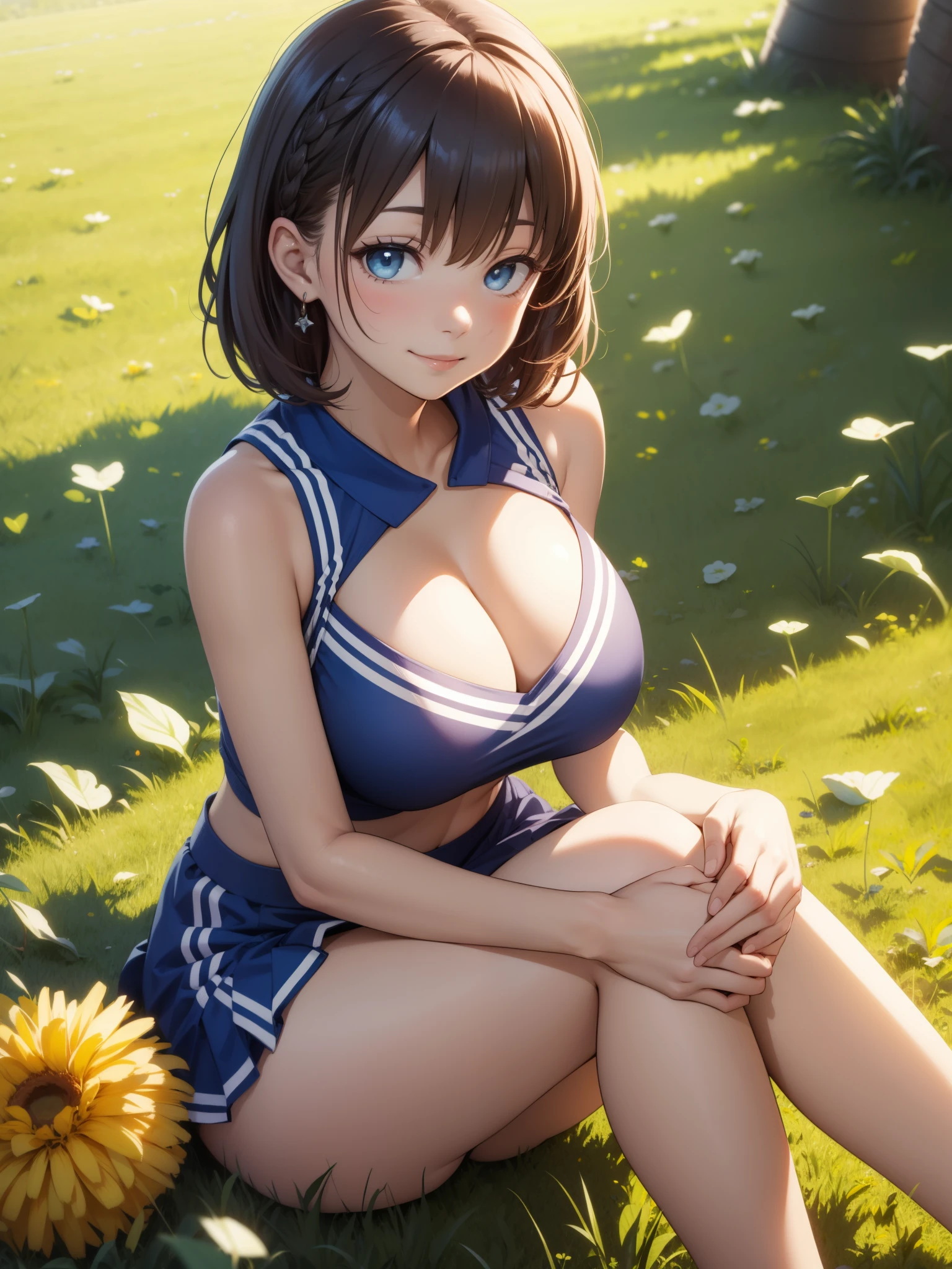 masterpiece, best quality, highres, 1girl, solo, bangs, light makeup, glossy lips, highly detailed, illustration, aichan, short brown hair, side braid, blue eyes, (large breasts), looking at viewer, sitting, grass, cheerleader, midriff, light smile, cleavage, (hugging own legs)