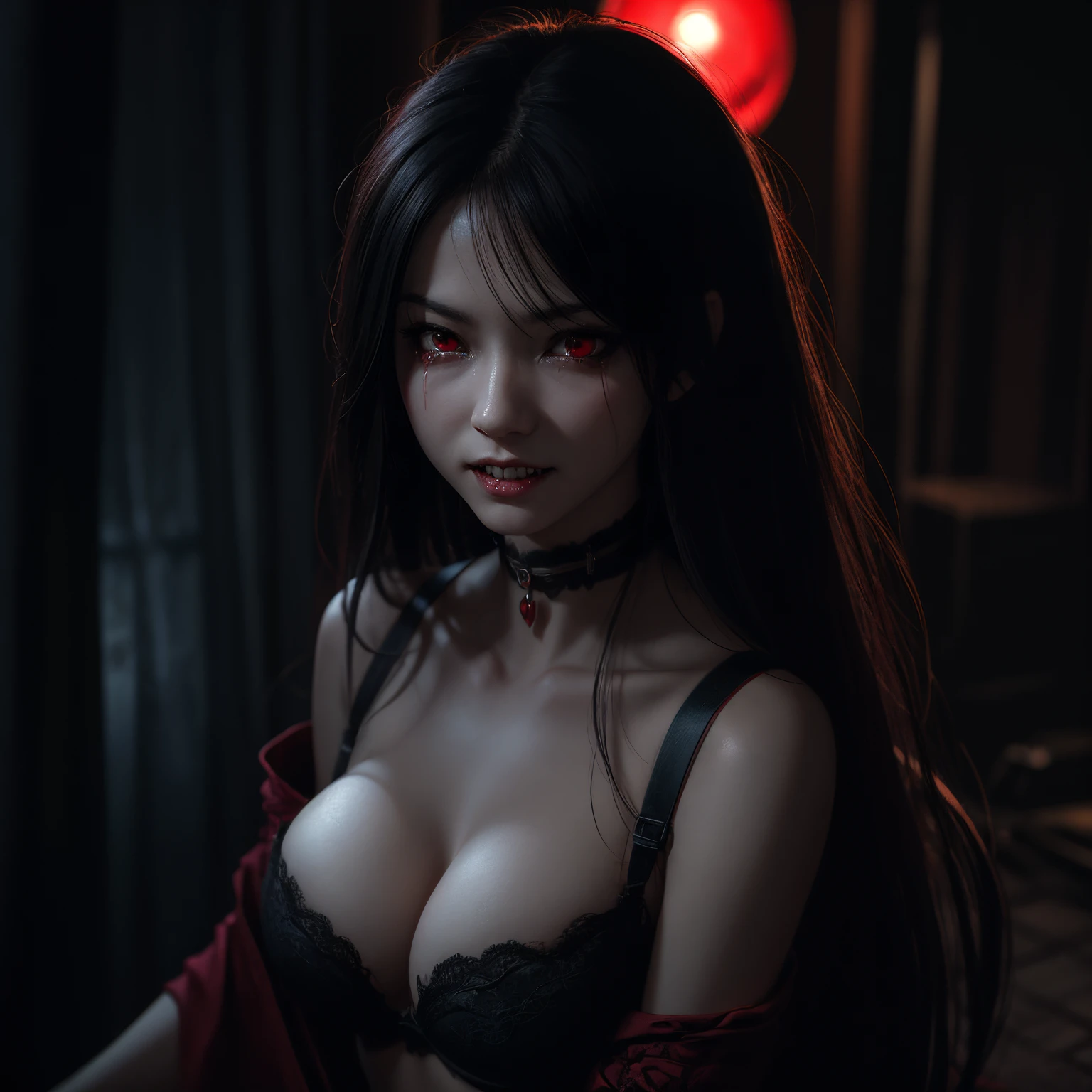 Vampire, Girl, Sexy, Neutral Breasts, Japanese, Smile, Scary, Night, Long Hair, Red Eyes, Resident Evil, Beautiful, Cute, Crying, Angry, Realistic, 8K Raw, High Resolution, Sharp Teeth, Japanese, Japan Girl, Horror, Perfect