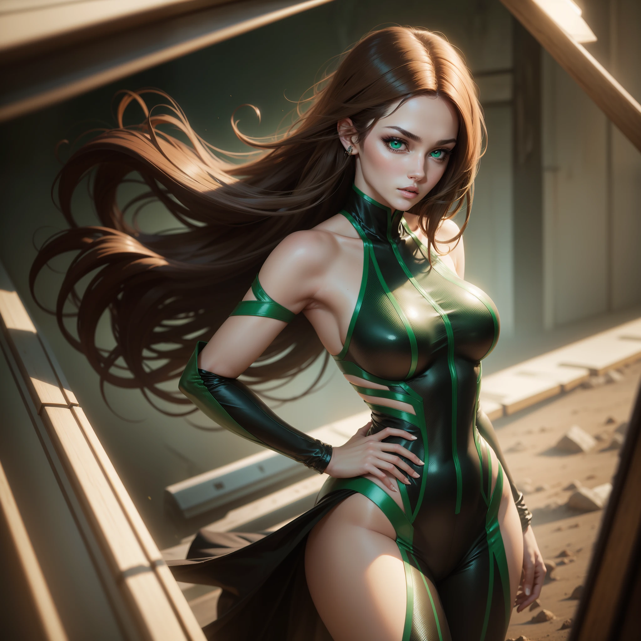 Masterpice, 4k quality resolution, Hyper realistic, hyper beauty, hyper green eyes, one Stylish woman with bright hyper brown hair and hyper big green eyes with long lashes wearing a suit, no extra legs, no extra hands, big boobs