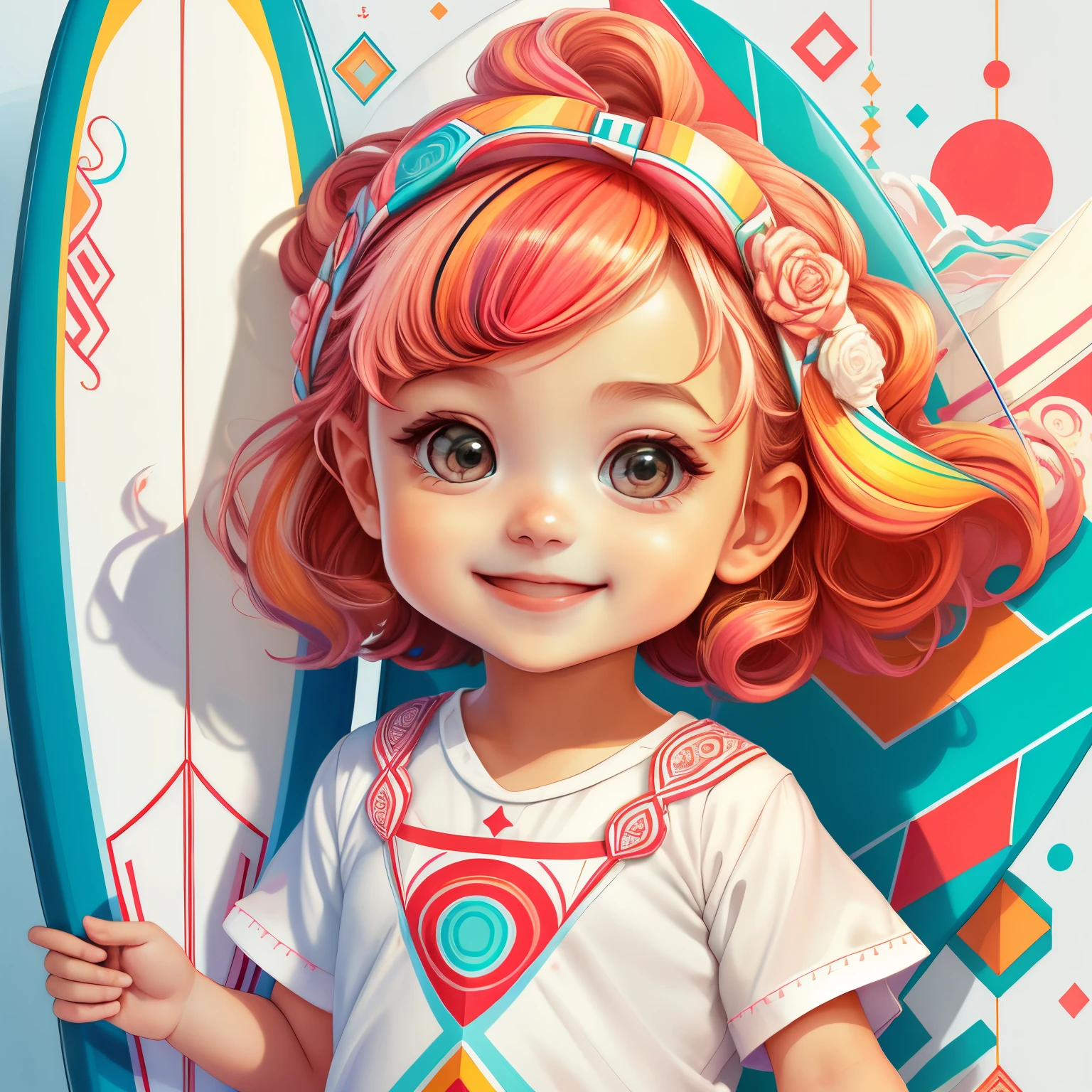 ((|) (cute baby girl smiling with a beautiful surf board) stylized identical to 1940 |)), acolchoamento ,multidimensional geometric wall PORTRAIT, arte, Chibi,
Yang016K, lindo,(( Predominant red coloration ,rosa e branco))
Primary works, qualidade superior, melhor qualidade, Arte Oficial, Lindo e Estetaduardo Kobra acolchoamento ,multidimensional geometric wall PORTRAIT, arte, Chibo,detalhes