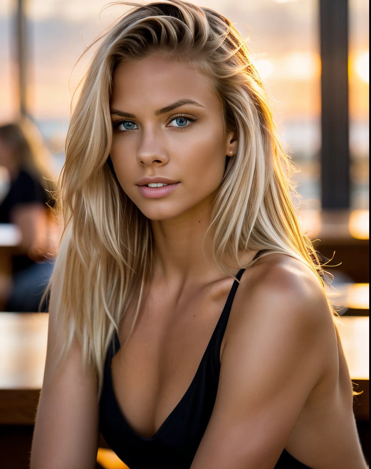 photoshoot of a model, natural light, professional, (4k photo:1.1) (Sharp focus:1.3), high detail, beautiful detailed face, hazel eyes, long blonde hair, (attractive young woman:1.3), (seductive:1.1), (blushing:1.1), hourglass body shape, one girl, in black, (sitting at the counter of a modern café at sunset), realistic hands