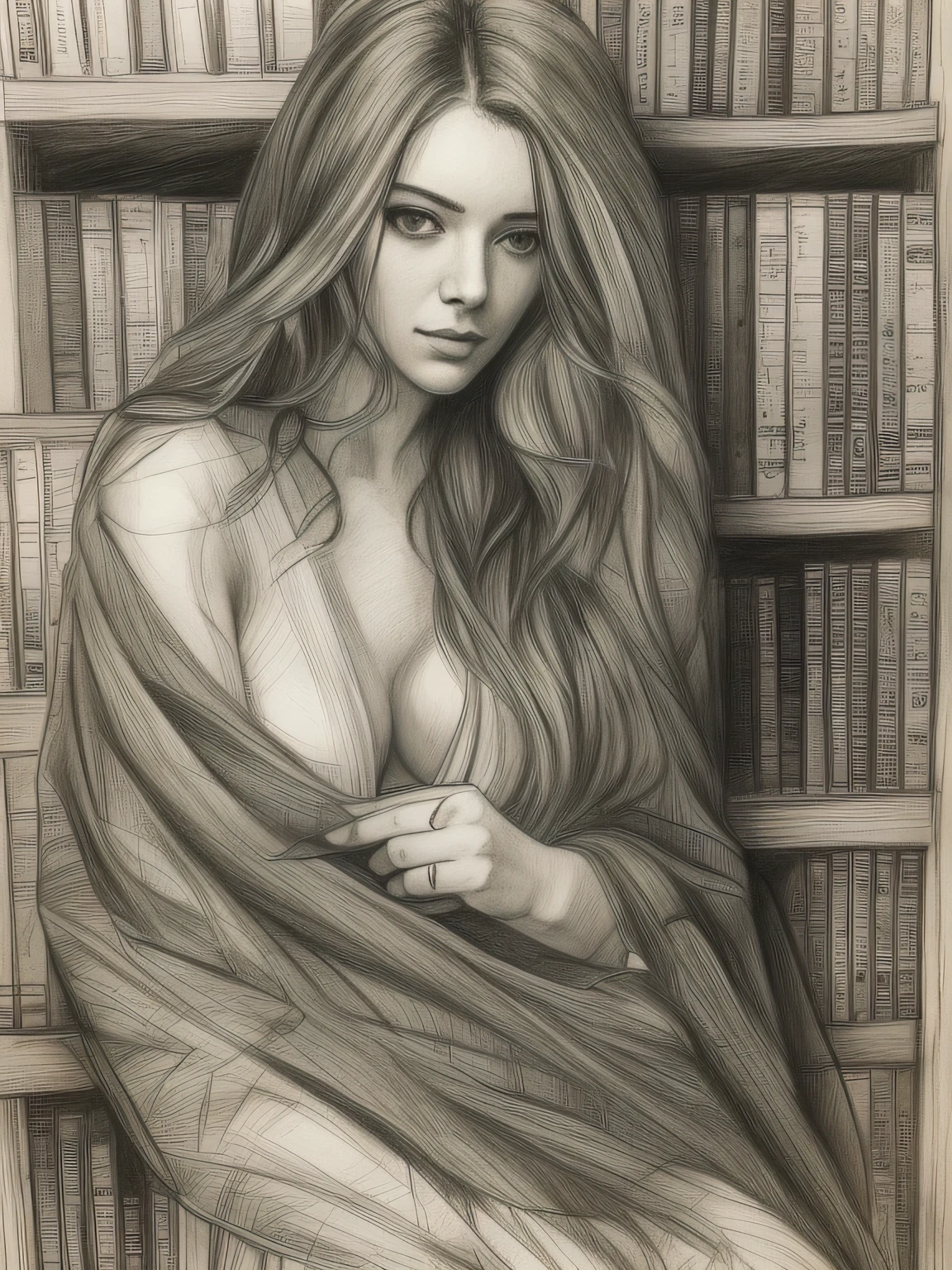 drawing of a SEXY woman, Full Body, DRAPED IN a Sexy CLOAK, Holding a book, FULL Body, sexy , Inside Enchanted Magical Library, Its shelves are adorned with MULTI COLORED books, realistic sketch, hyperrealistic sketch, detailed pencil sketch, pencil sketch, realistic digital drawing, detailed sketch drawing, highly detailed portrait, detailed 4 k drawing, pencil draw, highly detailed sketch, realistic drawing, extremely detailed portrait, detailed but rough, pencil drawing illustration, realism drawing, detailed sketch, sketch art,((high quality, masterpiece:1.4)), 1girl, ((Full Body)), portrait sketch, messy drawing, messy charcoal spots, unfinished sketch, sketchbook charcoal style drawing of a woman, sketchbook drawing, sketchbook, beautiful hair, beautiful face, symmetrical face, symmetrical eyes, realistic charcoal lines, imperfect drawing, charcoal crumbs, charcoal lines, imperfections, green eyed, woman wearing an enigmatic cloak, realistic