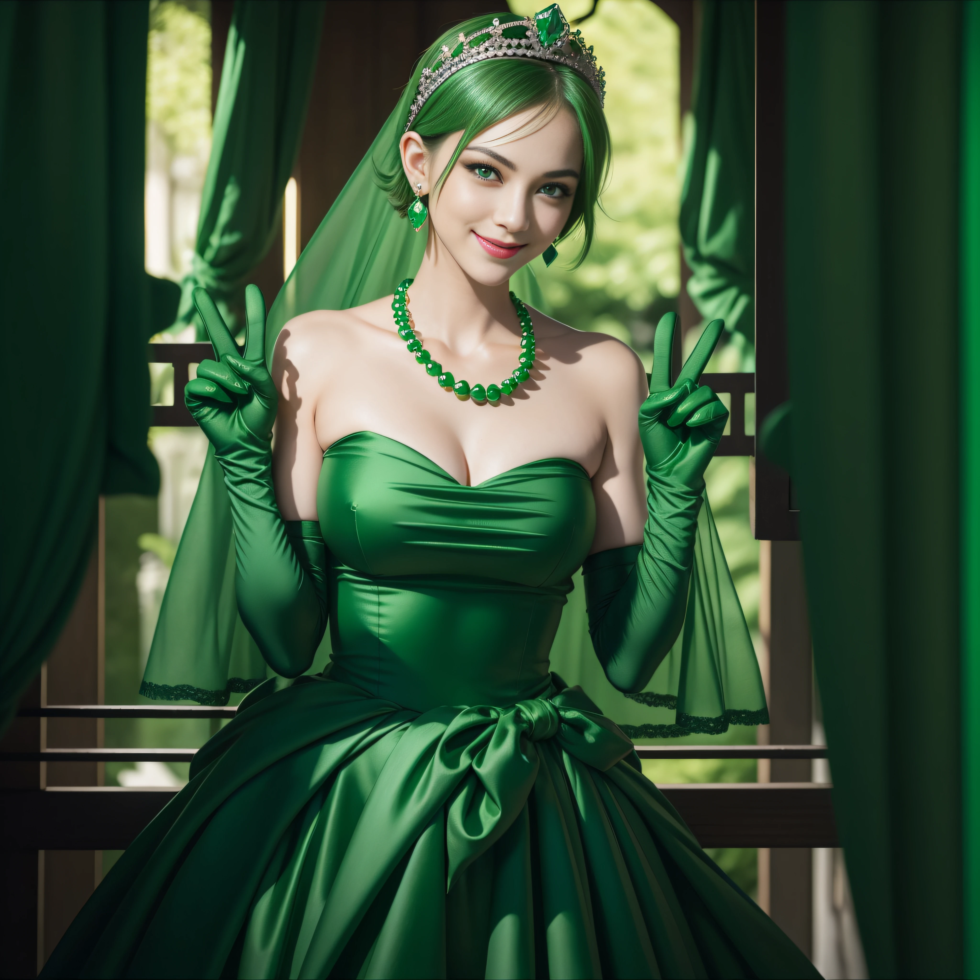 emerald tiara, Green Pearl Necklace, Boyish very short green hair, lipsticks, Japan woman smiling, very short short hair, big breasts beautiful, Green eyes, Long green gloves made of satin material, Green eyes, Emerald Earrings, green vale, v sign