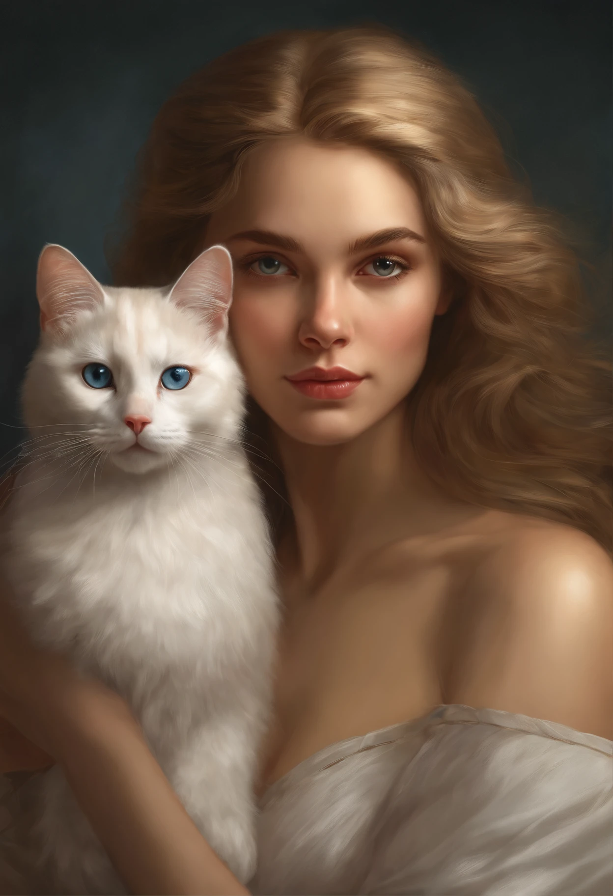 Detailed description of the girl ;portraite of a (anatomically correct physique) with a white cat (anatomically correct physique), sitting on a soft fluffy carpet, girl with blue wide eyes and a beautiful mole on her cheekbone., large eyes with heavy lids, long duck nose, thin lip shape "Classic", Mole on the right cheek on the cheekbone, shoulder length golden hair, high forehead, in the room by the fireplace Magnificent digital painting, beautiful digital painting, beautiful fantasy art portrait, beautiful digital artwork, Stunning digital painting, beautiful fantasy portrait, fantasy art portrait, beautiful character painting, in the art style of bowater, beautiful digital illustration, fantasy portrait art, stunning digital illustration, beautiful digital art, realistic cute girl painting