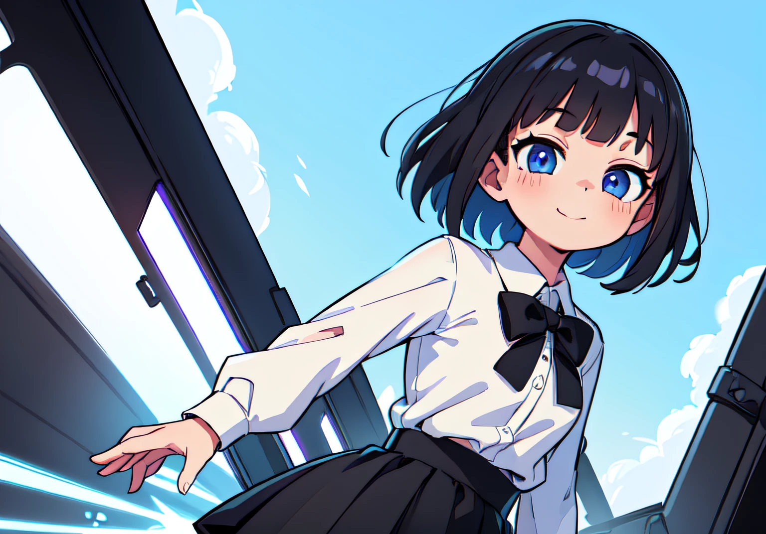 (ultra bright color, masterpiece, best quality, bloom, warm soft light, modern, hi-tech), 1girl, solo (background), white shirt, (black skirt) ,white stockingeautiful , beautiful detailed face, light smile, (black blue) medium hair, (detailed (blue) ruby eyes), sitrom side:0.8, young, small breasts