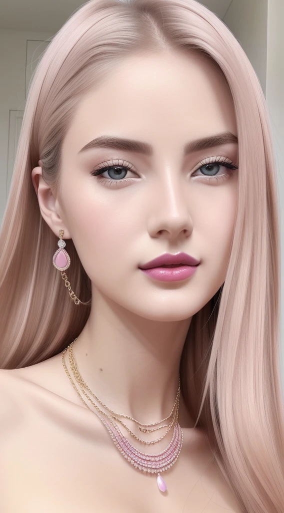 Masterpieces, ultra realistic, 1beautiful woman, pale oily skin, thin lips, big breast, dark jet pink lipstick, brown blond hair, shy, blushing, nose pin, necklaces, wear many accessories,