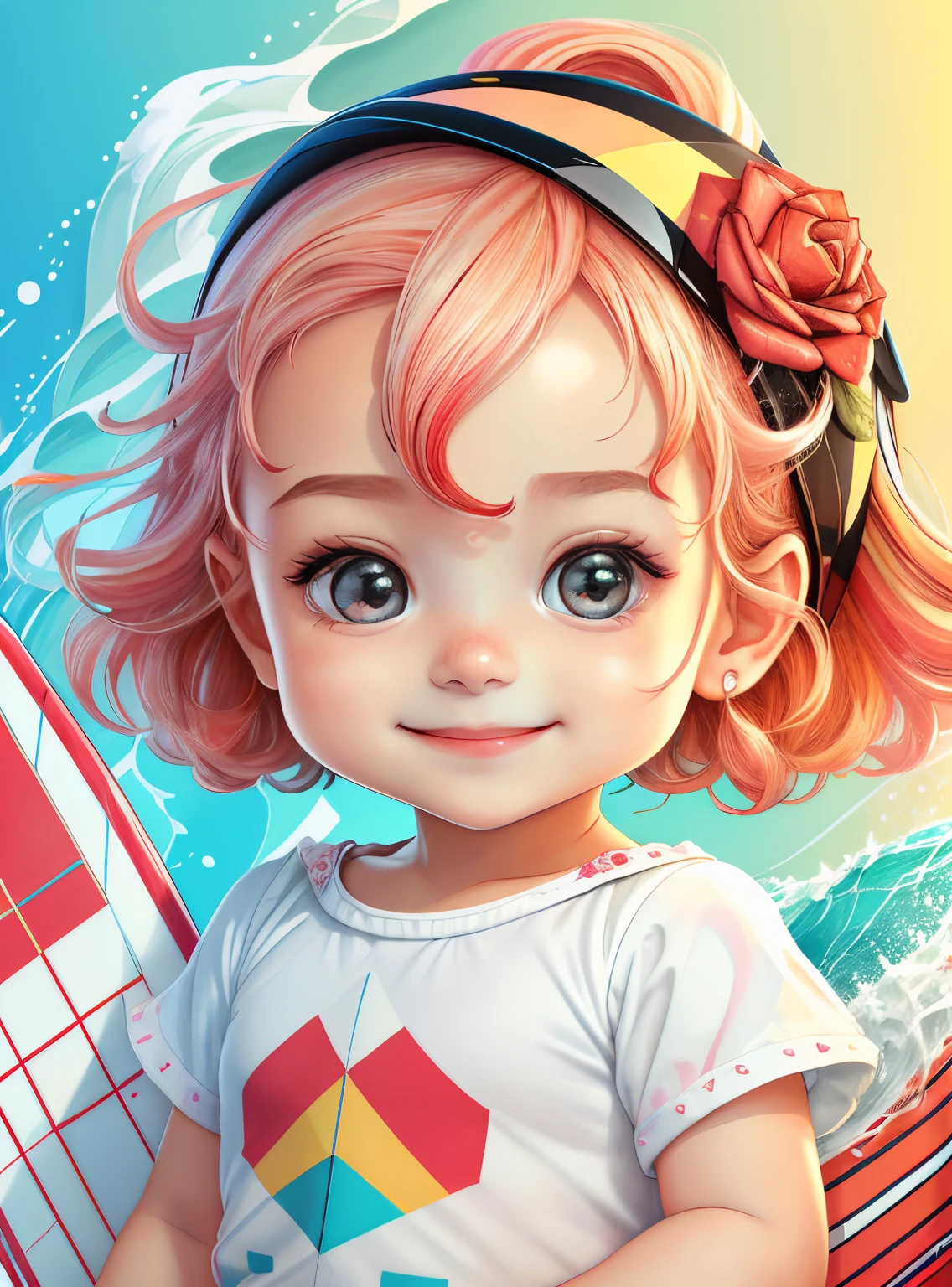 ((|) (cute smiling with a beautiful surf board) stylized identical to 1940 |)), acolchoamento ,multidimensional geometric wall PORTRAIT, arte, Chibi,
Yang016K, lindo,(( Predominant red coloration ,rosa e branco))
Primary works, qualidade superior, melhor qualidade, Arte Oficial, Lindo e Estetaduardo Kobra acolchoamento ,multidimensional geometric wall PORTRAIT, arte, Chibo,detalhes
