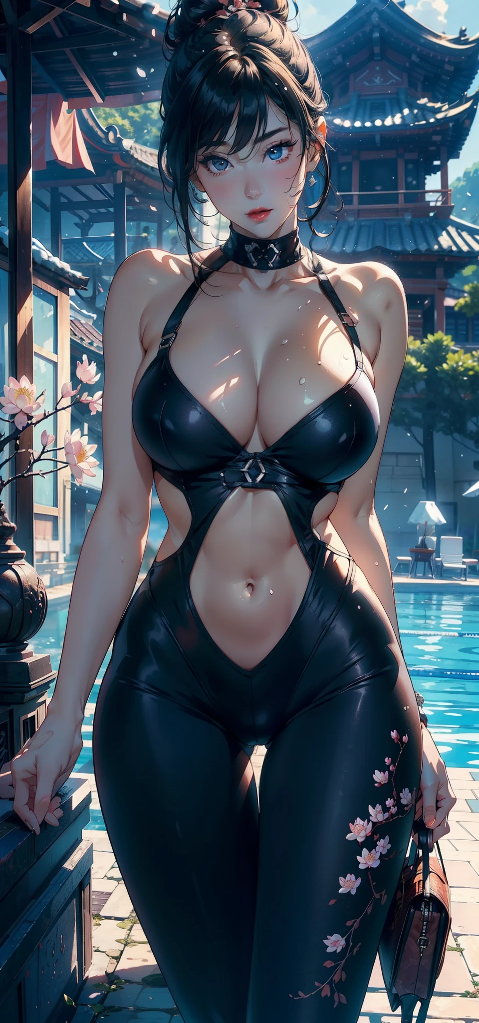 1female,35yo,plum,very huge big ig chest and thin waist,legs long, 独奏,(Background with:cherry blossom forest,lotus flower,swimmingpool),legs are open,device,Bare bare , She has short black hair,Stand on a lotus leaf,seen from the front, single hair bun, The sky is mostly cloudy,(((tmasterpiece),(Very detailed CG unified 8k wallpaper),Best quality,电影灯光,detailed back ground,Beautiful and detailed right pupil without eyes,Snow-whiteskin,Redlip(Very delicate and beautiful),(Beautiful and detailed eyes description),ultra - detailed,tmasterpiece,))facing at the camera,A high resolution,ultra - detailed),violent weapon, convex,legs are open,Raised sexy,Cl toeor,longing unsatisfied,street frontage,swimmer,swimsuit leggings,a sailor suit