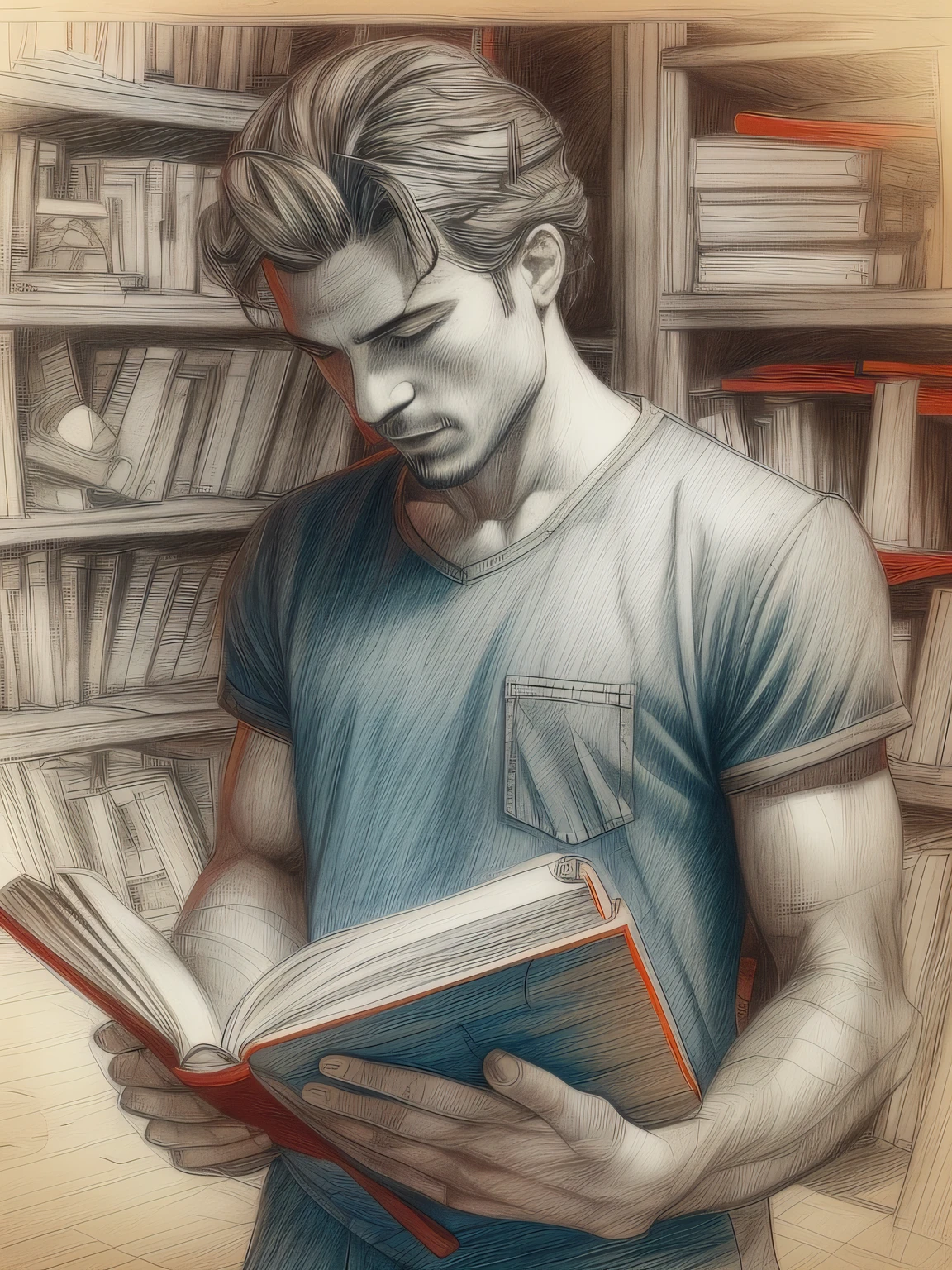 Drawing Inside an Enchanted Library, Very Handsome Man, with wavy hair, Full Body, tanned, Blue Eyes, Eyes dancing, Dressed in a RED Tee and Jeans, FULL Body, Inside Enchanted Magical Library,  Look at a book, Its shelves are adorned with Gold, Black, Brown, Blue, books, realistic sketch, hyper realistic sketch, detailed pencil sketch, pencil sketch, realistic digital drawing, detailed sketch drawing, highly detailed portrait, detailed 4 k drawing, pencil draw, highly detailed sketch, realistic drawing, extremely detailed portrait, detailed but rough, pencil drawing illustration, realism drawing, detailed sketch, sketch art,((high quality, masterpiece:1.4)), 1man, ((Full Body)), portrait sketch, messy drawing, messy charcoal spots, unfinished sketch, sketchbook charcoal style drawing of a man, sketchbook drawing, sketchbook, symmetrical face, symmetrical eyes, realistic charcoal lines, imperfect drawing, charcoal crumbs, charcoal lines, imperfections, blue eyed, man wearing a Red Tee and Jeans, realistic, looking at a book