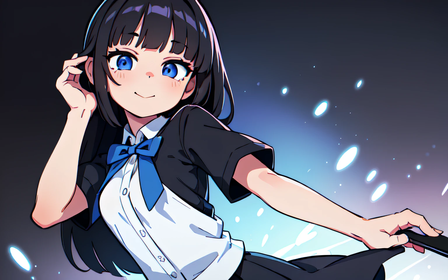 (ultra bright color, masterpiece, best quality, bloom, warm soft light, modern, hi-tech), 1girl, solo (background), white shirt, (black skirt) ,white stockingeautiful , beautiful detailed face, light smile, (black blue) medium hair, (detailed (blue) ruby eyes), sitrom side:0.8, young, small breasts
